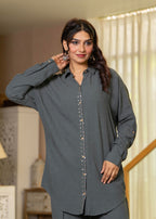 Juniper Grey Embellished Viscose-Linen Co-Ord Set With Sequin Detailing - Distacart