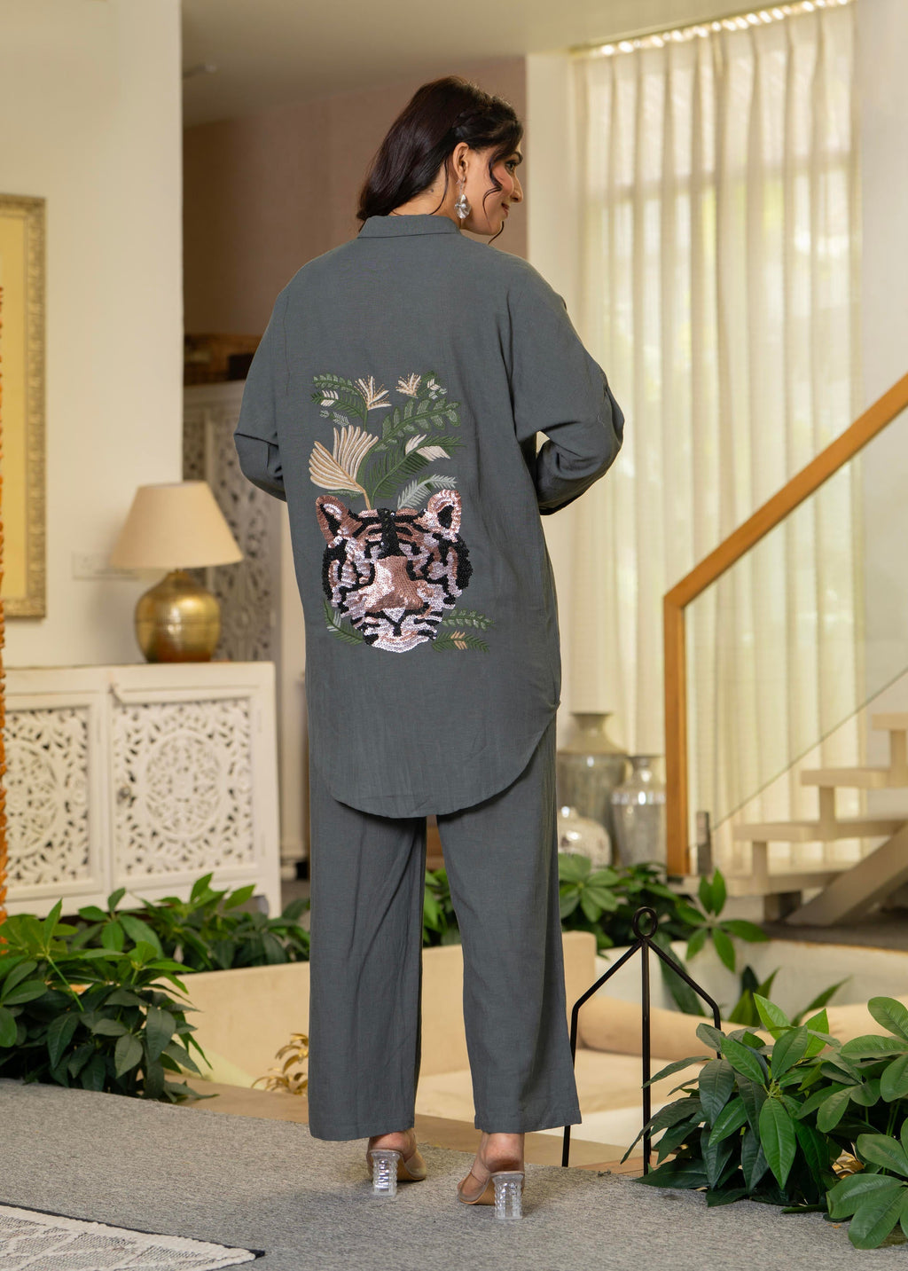 Juniper Grey Embellished Viscose-Linen Co-Ord Set With Sequin Detailing - Distacart