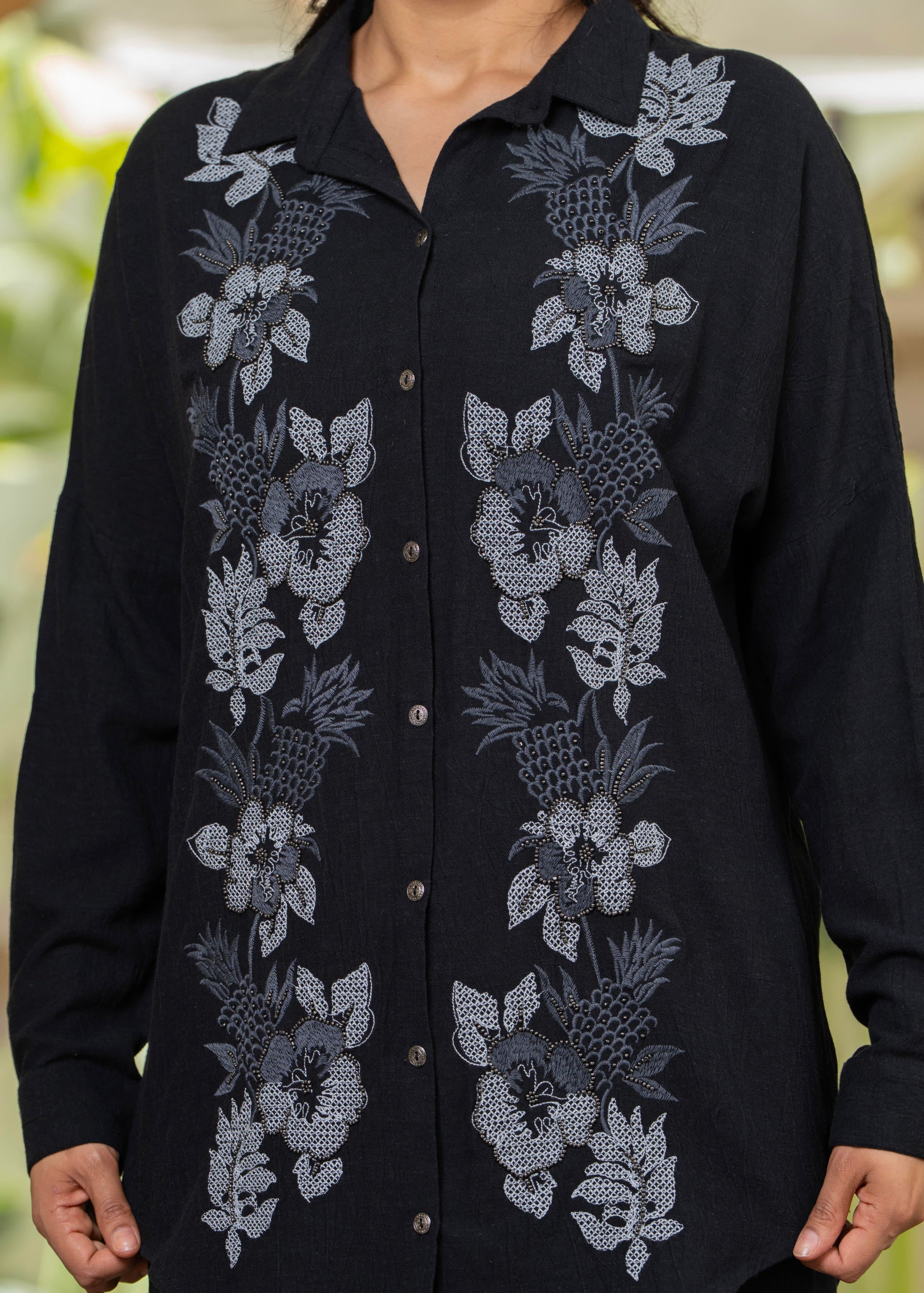 Juniper Viscose Linen Black Embroidered Shirt And Pant Co-Ord Set With Thread Work - Distacart