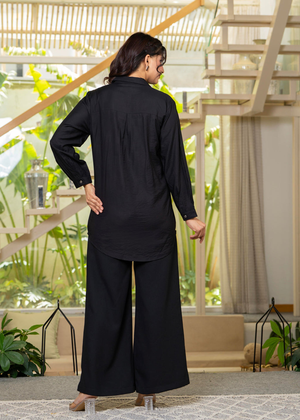 Juniper Viscose Linen Black Embroidered Shirt And Pant Co-Ord Set With Thread Work - Distacart