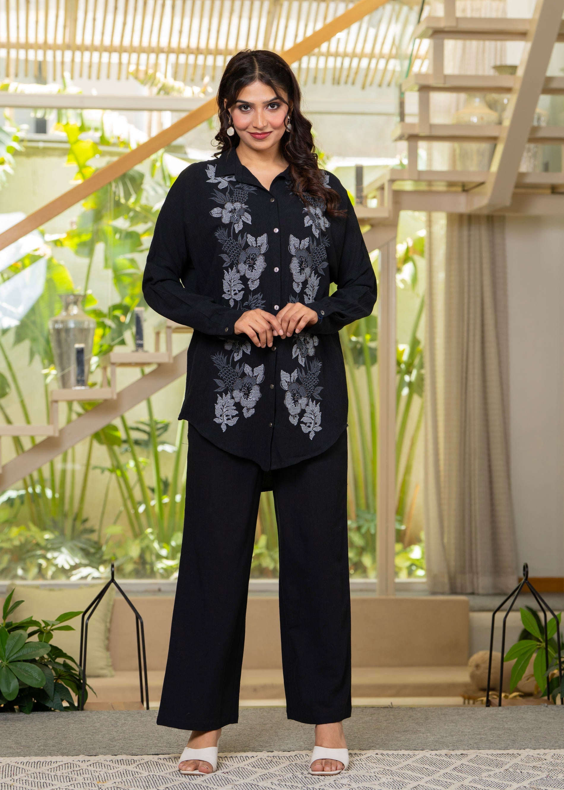 Juniper Viscose Linen Black Embroidered Shirt And Pant Co-Ord Set With Thread Work - Distacart