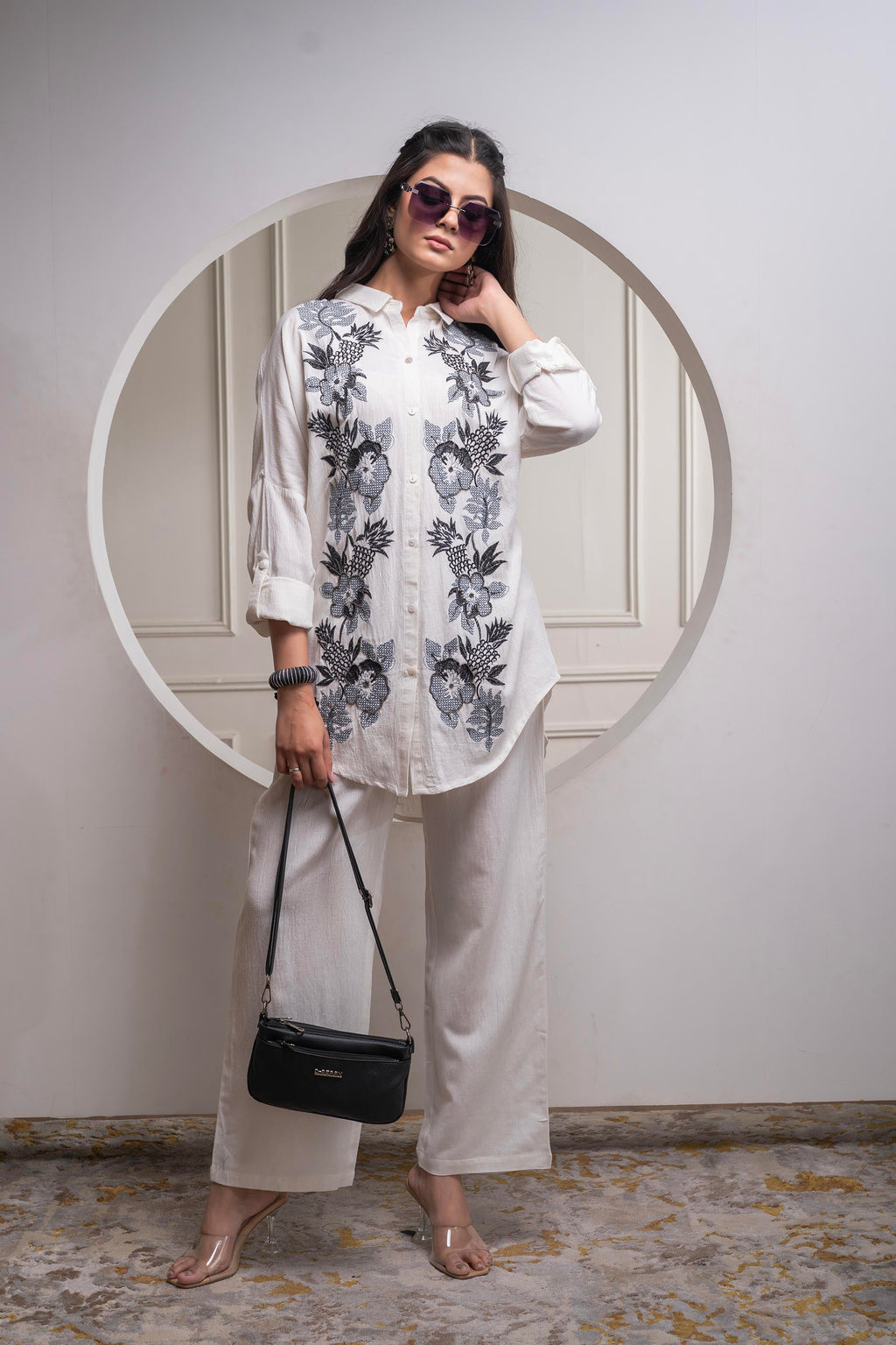 Juniper Viscose Linen Off White Embroidered Shirt And Pant Co-Ord Set With Thread Work - Distacart