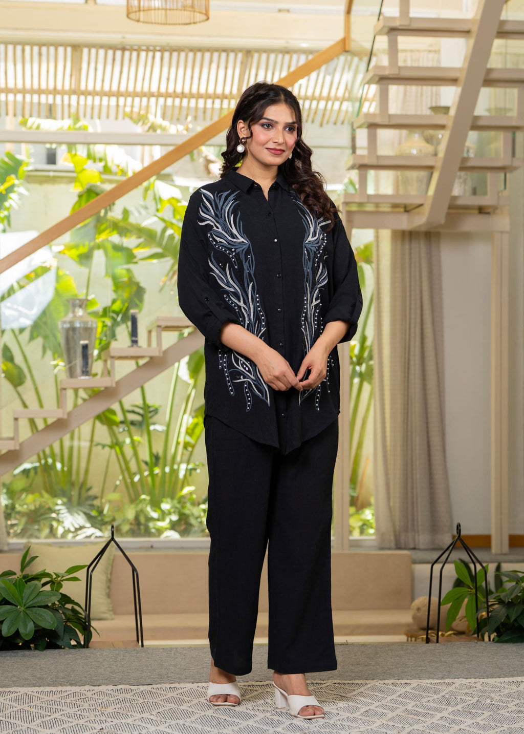 Juniper Black Embroidered Viscose Co-Ord Set With Beads & Sequin Highlights - Distacart