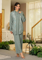 Juniper Sage Green Embroidered Viscose Co-Ord Set With Beads & Sequin Accents - Distacart