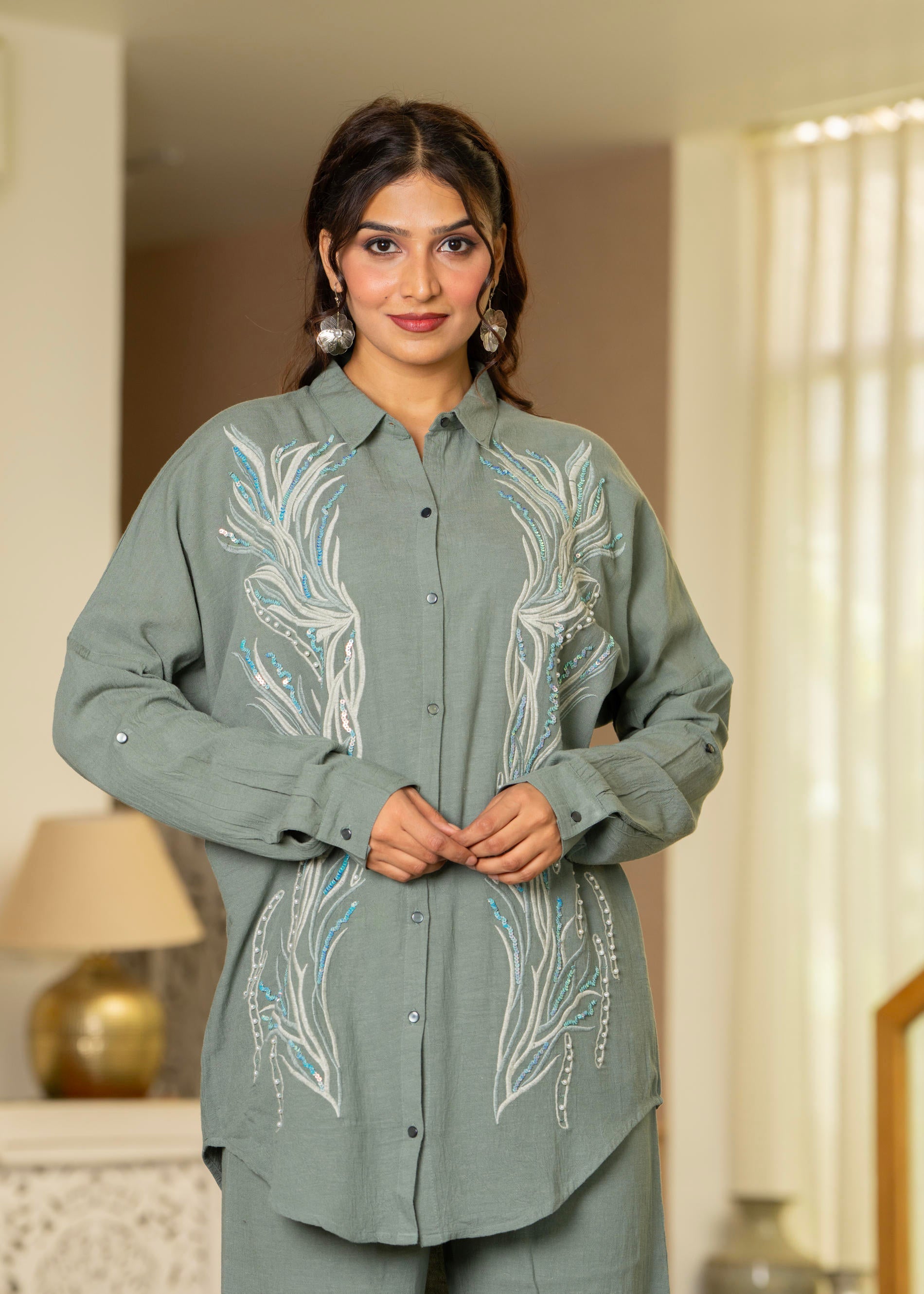 Juniper Sage Green Embroidered Viscose Co-Ord Set With Beads & Sequin Accents - Distacart