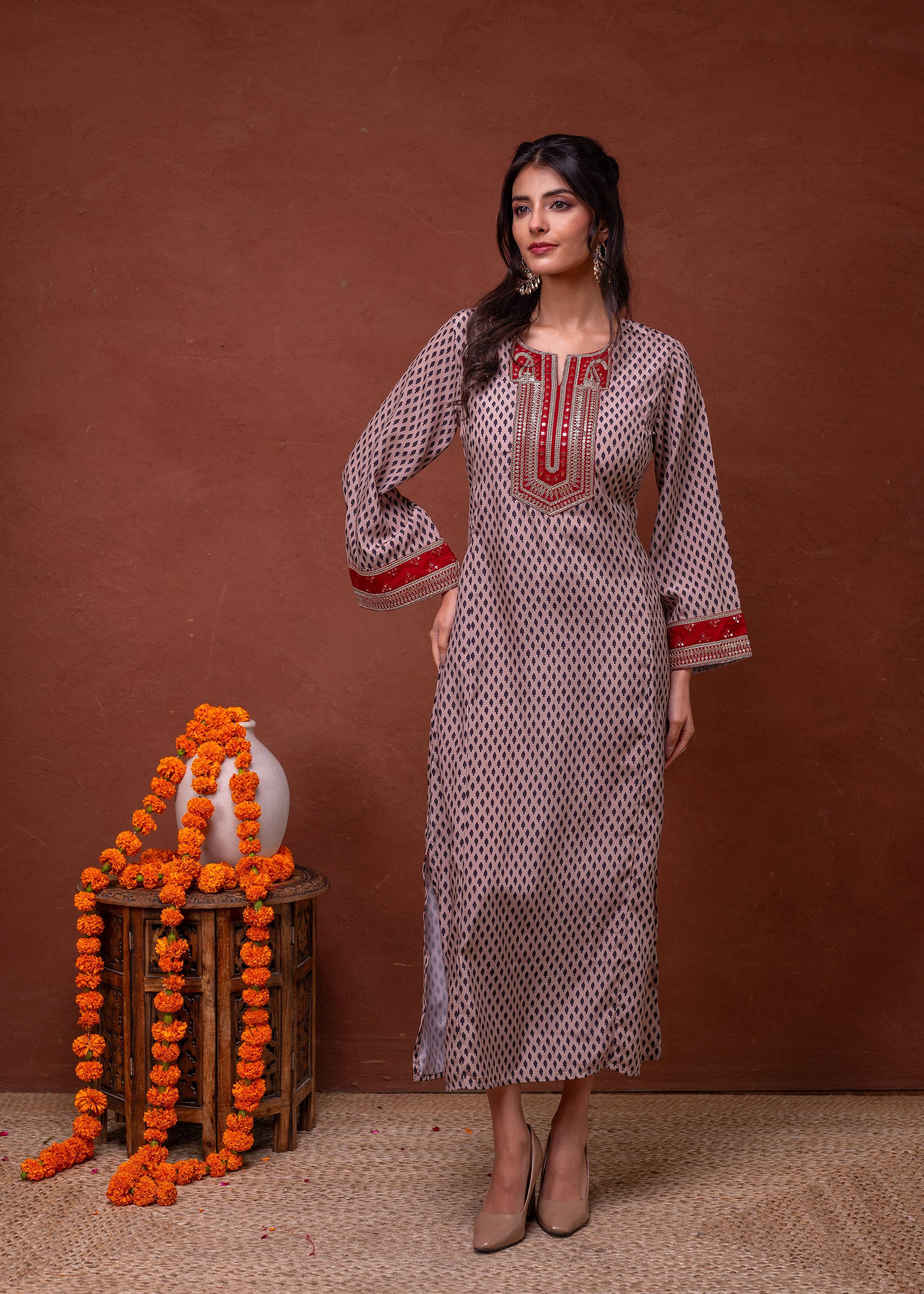 Juniper Beige Embroidered A-Line Kurta With Mirror & Thread Work - Distacart