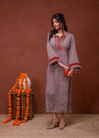 Juniper Beige Embroidered A-Line Kurta With Mirror & Thread Work - Distacart