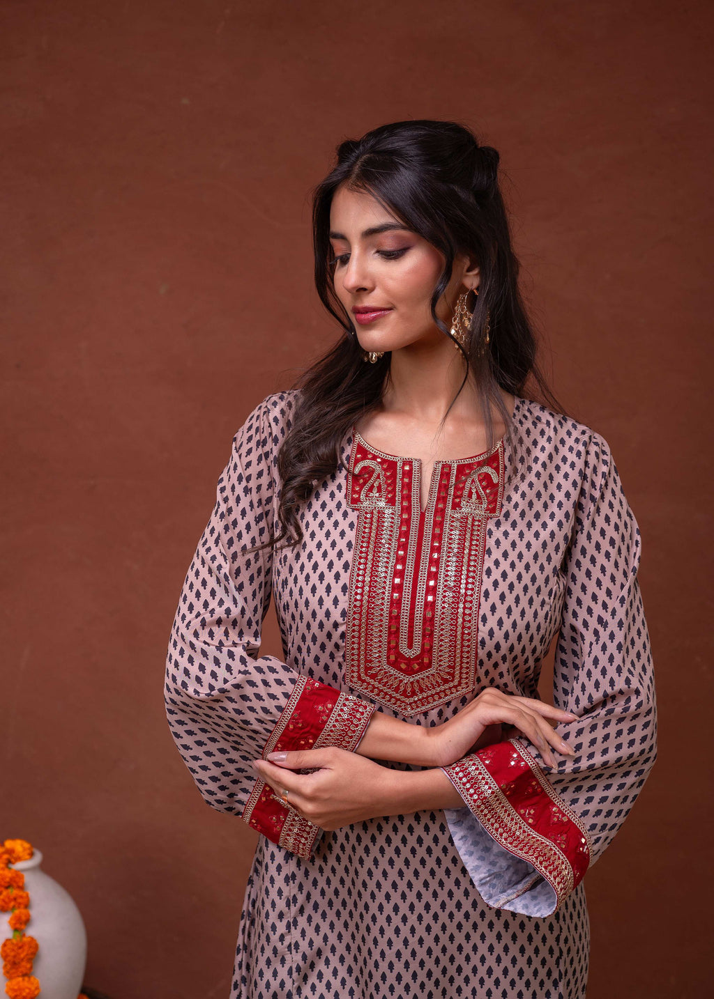 Juniper Beige Embroidered A-Line Kurta With Mirror & Thread Work - Distacart