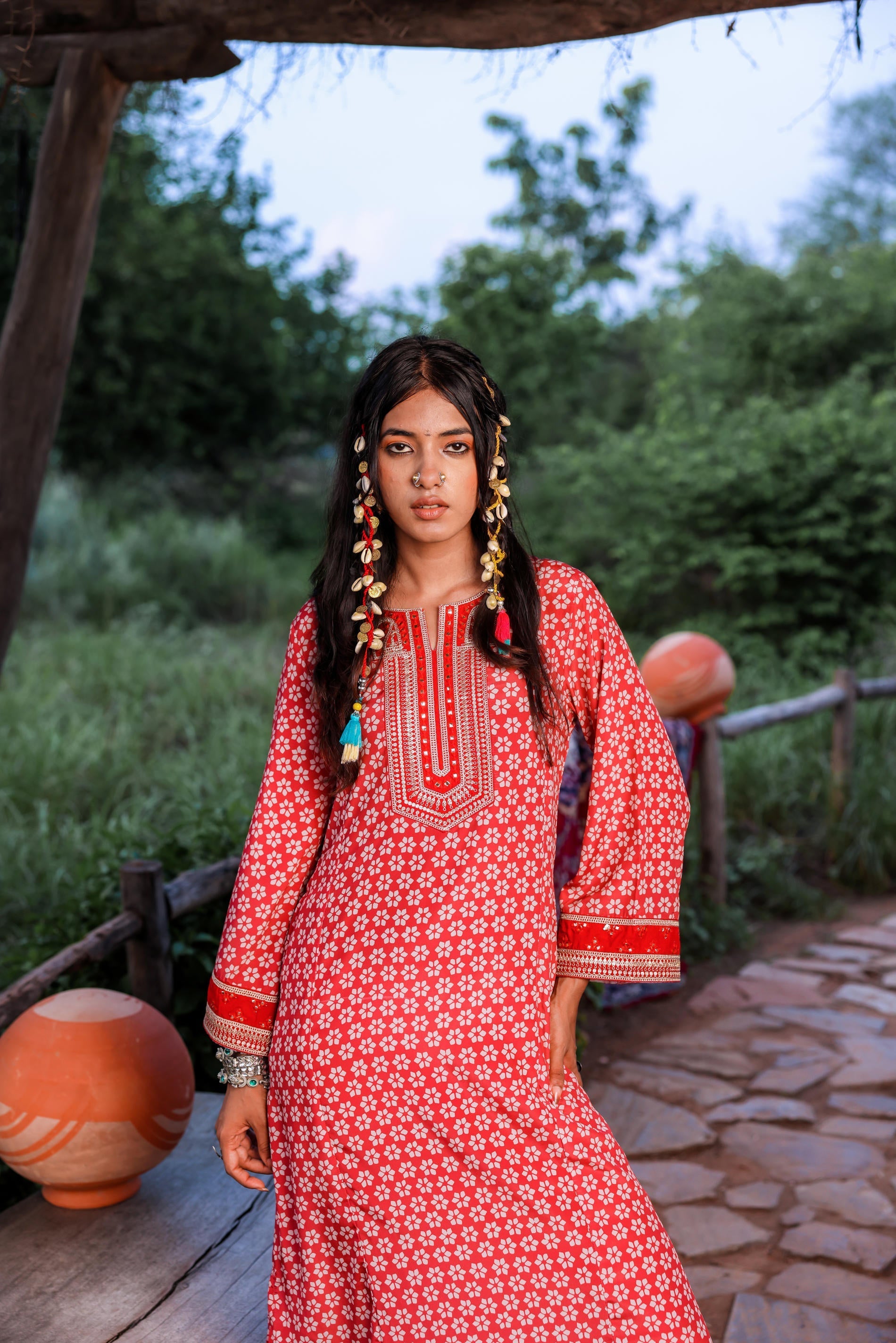Juniper Red Embroidered A-Line Kurta With Mirror & Thread Work - Distacart