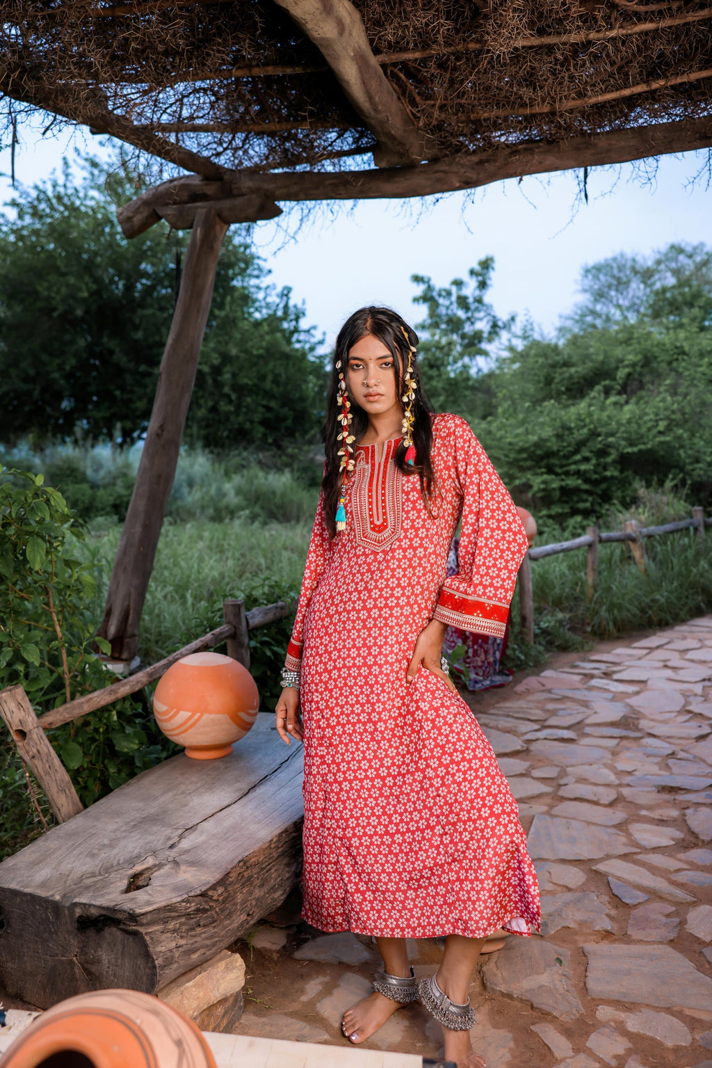 Juniper Red Embroidered A-Line Kurta With Mirror & Thread Work - Distacart