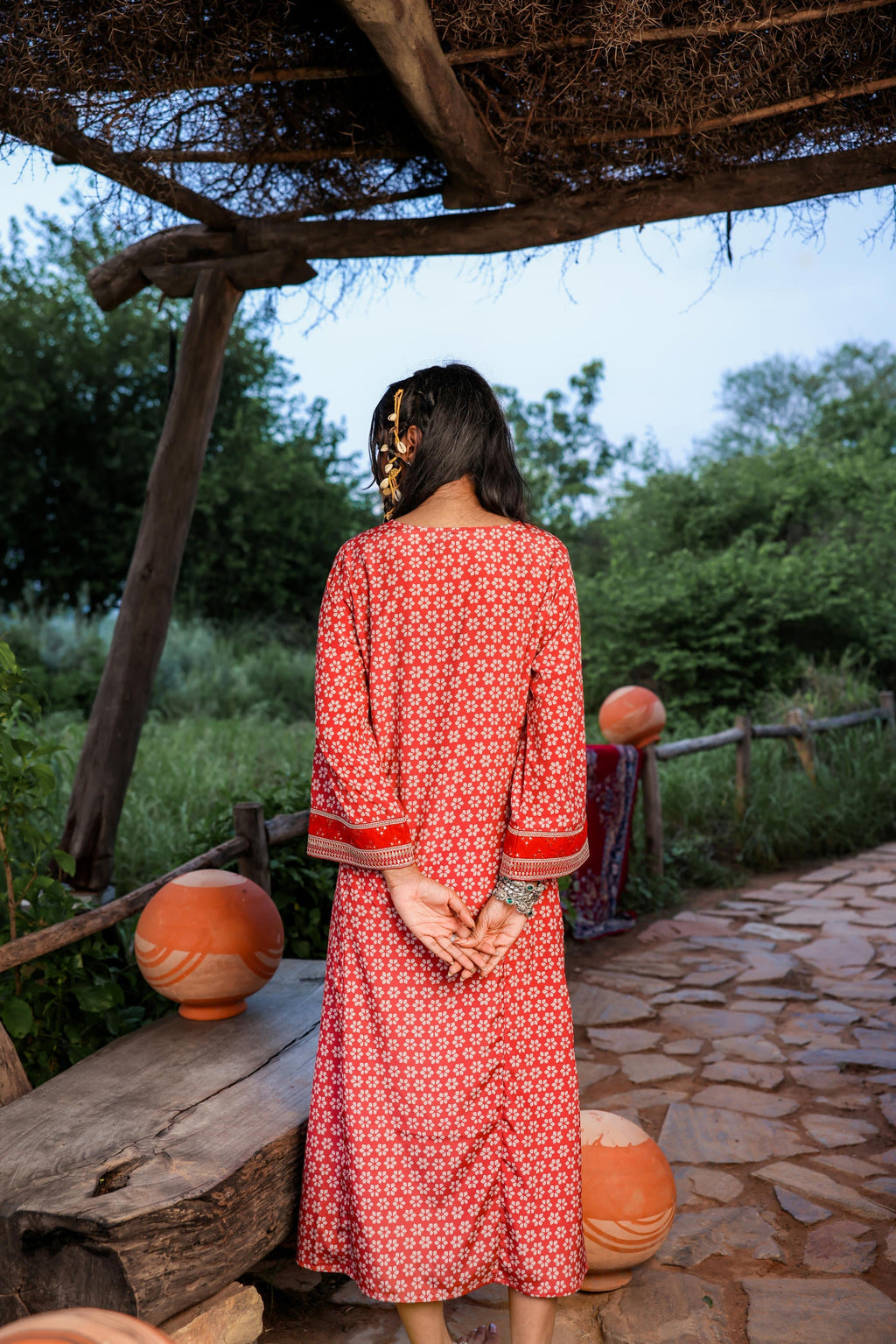 Juniper Red Embroidered A-Line Kurta With Mirror & Thread Work - Distacart