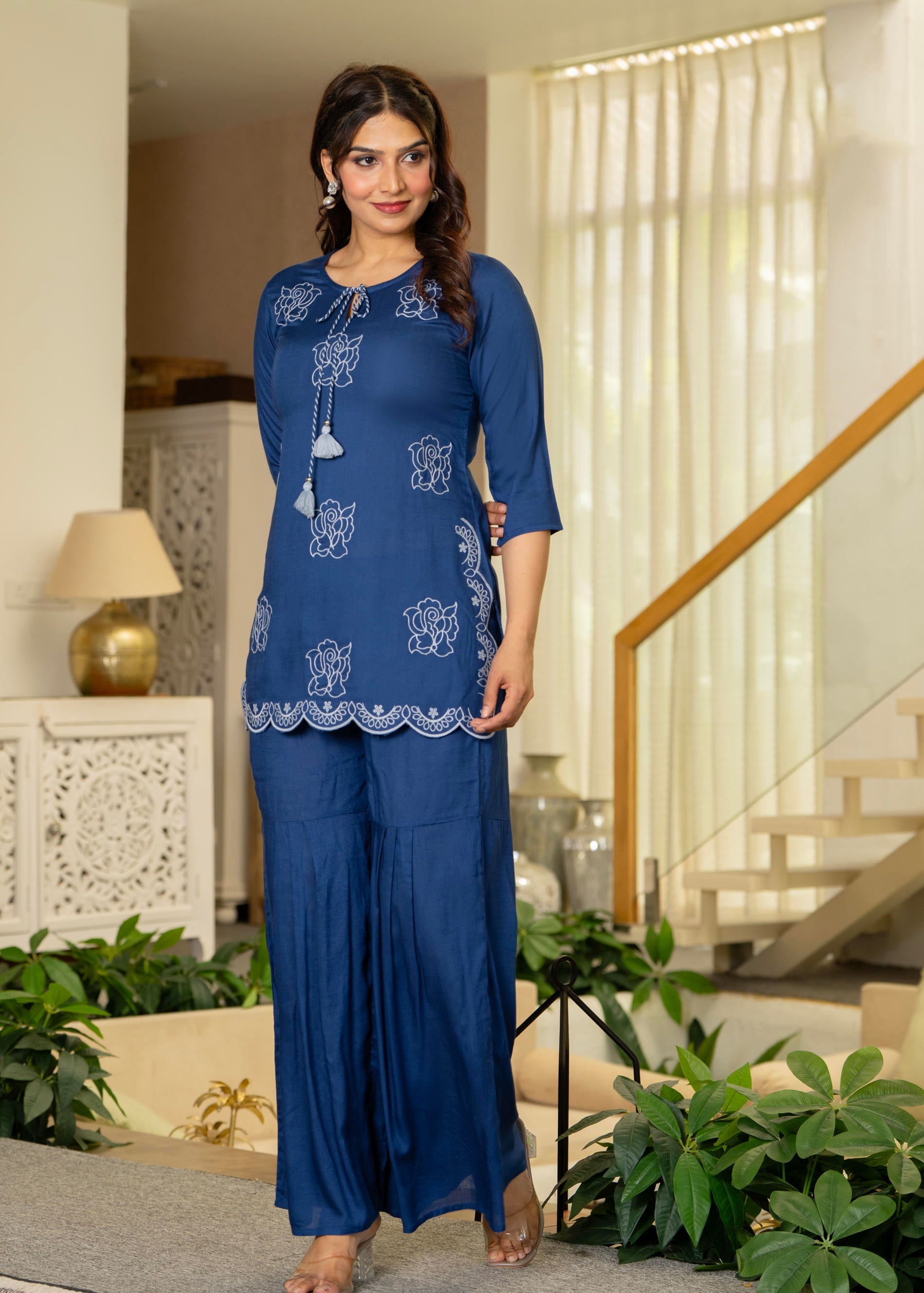 Juniper Navy Solid Viscose Tunic And Pants Co-Ord Set With Thread Work And Sequence - Distacart