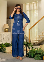 Juniper Navy Solid Viscose Tunic And Pants Co-Ord Set With Thread Work And Sequence - Distacart