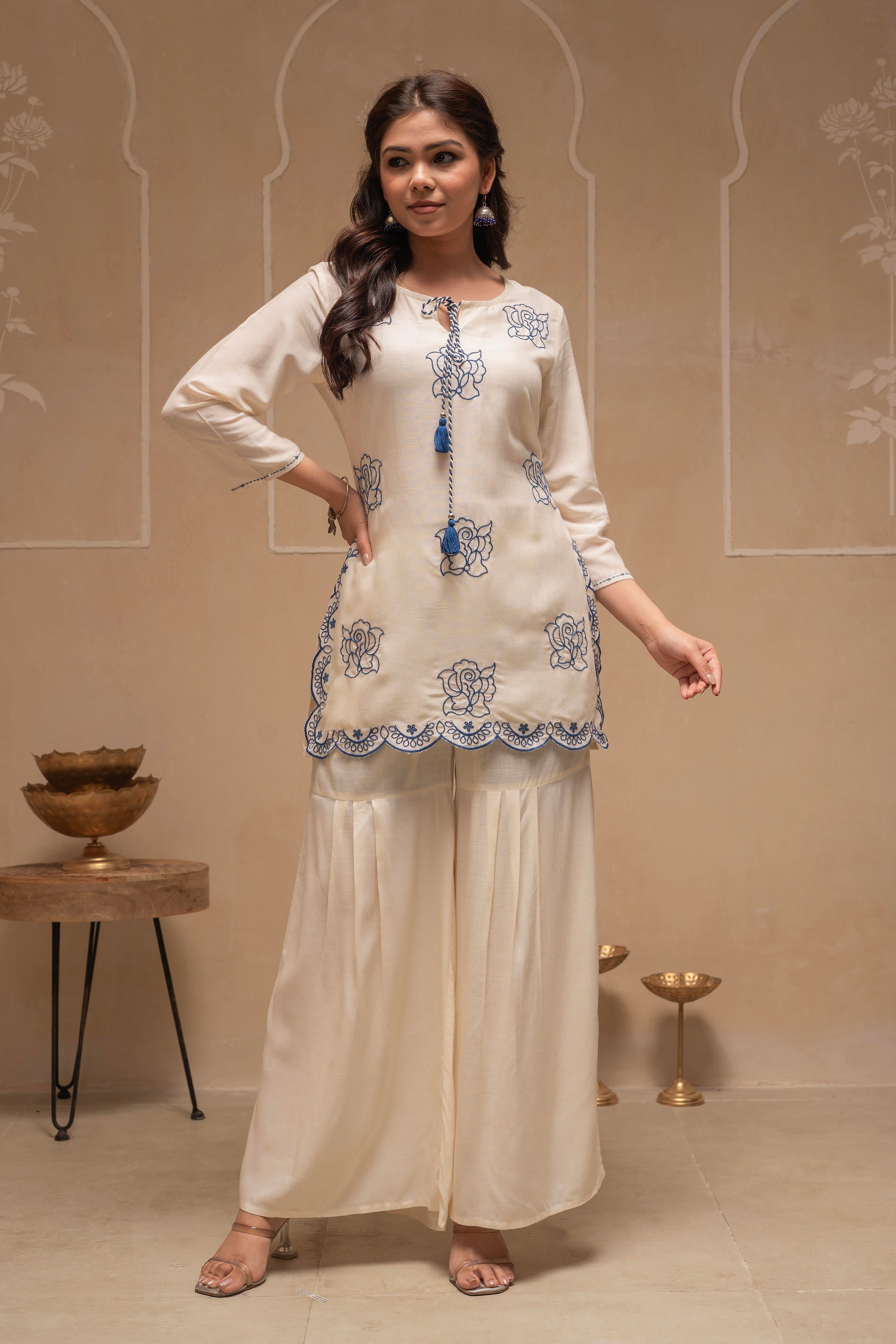 Juniper Off White Solid Viscose Tunic And Pants Co-Ord Set With Thread Work And Sequence - Distacart