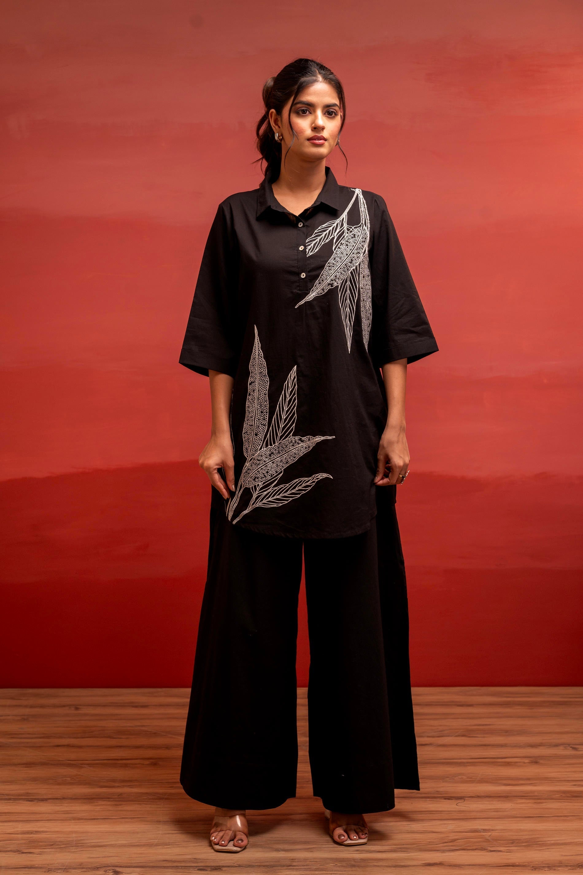 Juniper Black Solid Cotton Shirt And Pants Co-Ord Set With Thread Work - Distacart
