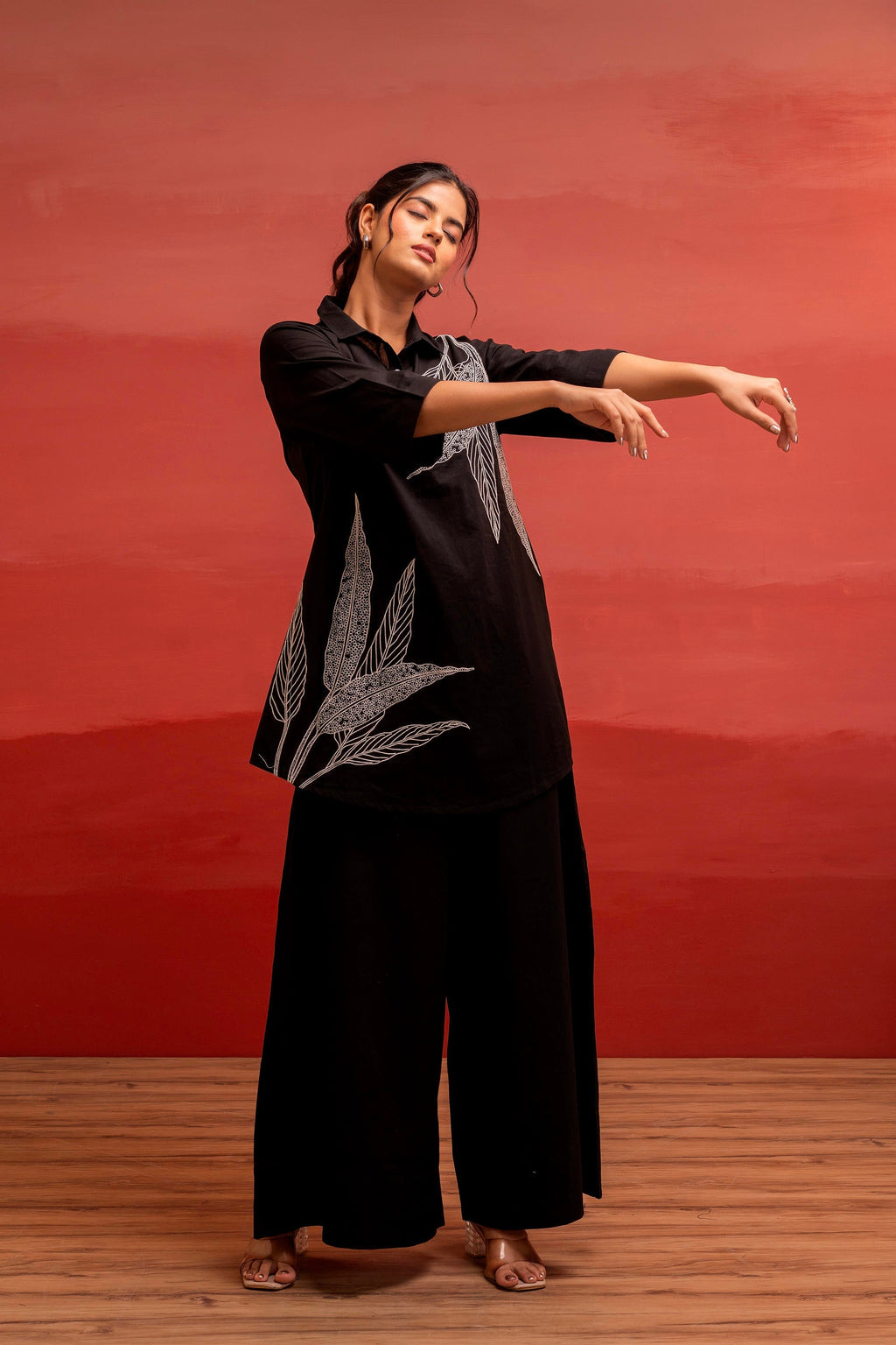 Juniper Black Solid Cotton Shirt And Pants Co-Ord Set With Thread Work - Distacart