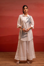 Juniper Off-White Leaf Printed Co-Ord Set With Collared Tunic & Wide-Leg Pant - Distacart