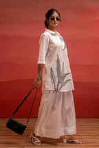 Juniper Off-White Leaf Printed Co-Ord Set With Collared Tunic & Wide-Leg Pant - Distacart