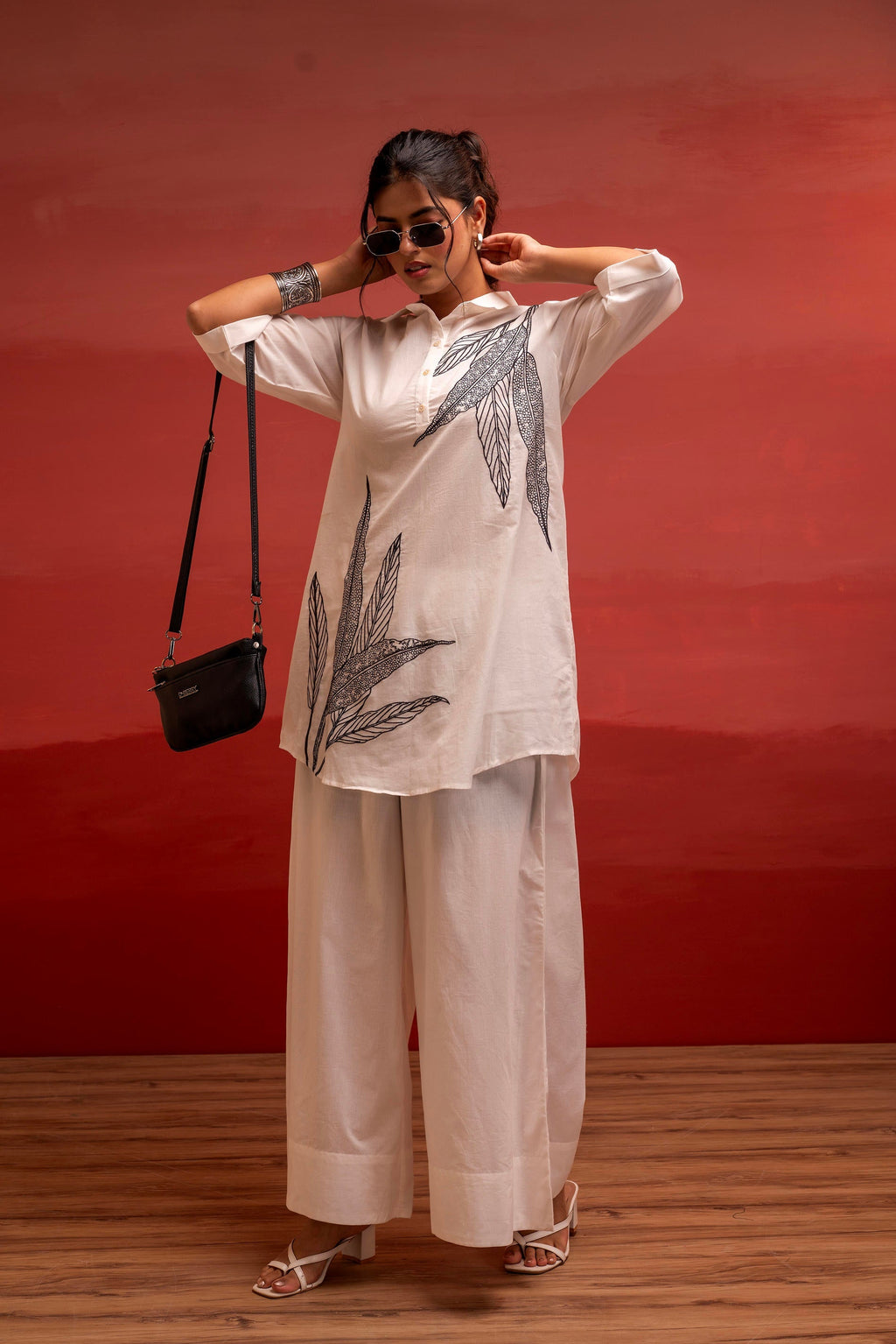 Juniper Off-White Leaf Printed Co-Ord Set With Collared Tunic & Wide-Leg Pant - Distacart