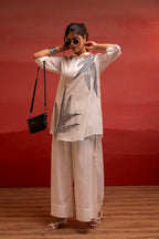 Juniper Off-White Leaf Printed Co-Ord Set With Collared Tunic & Wide-Leg Pant - Distacart