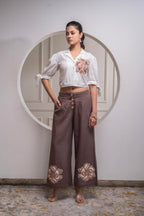 Juniper White & Brown Cotton-Viscose Embroidered Co-Ord Set With Thread Work & Lace - Distacart