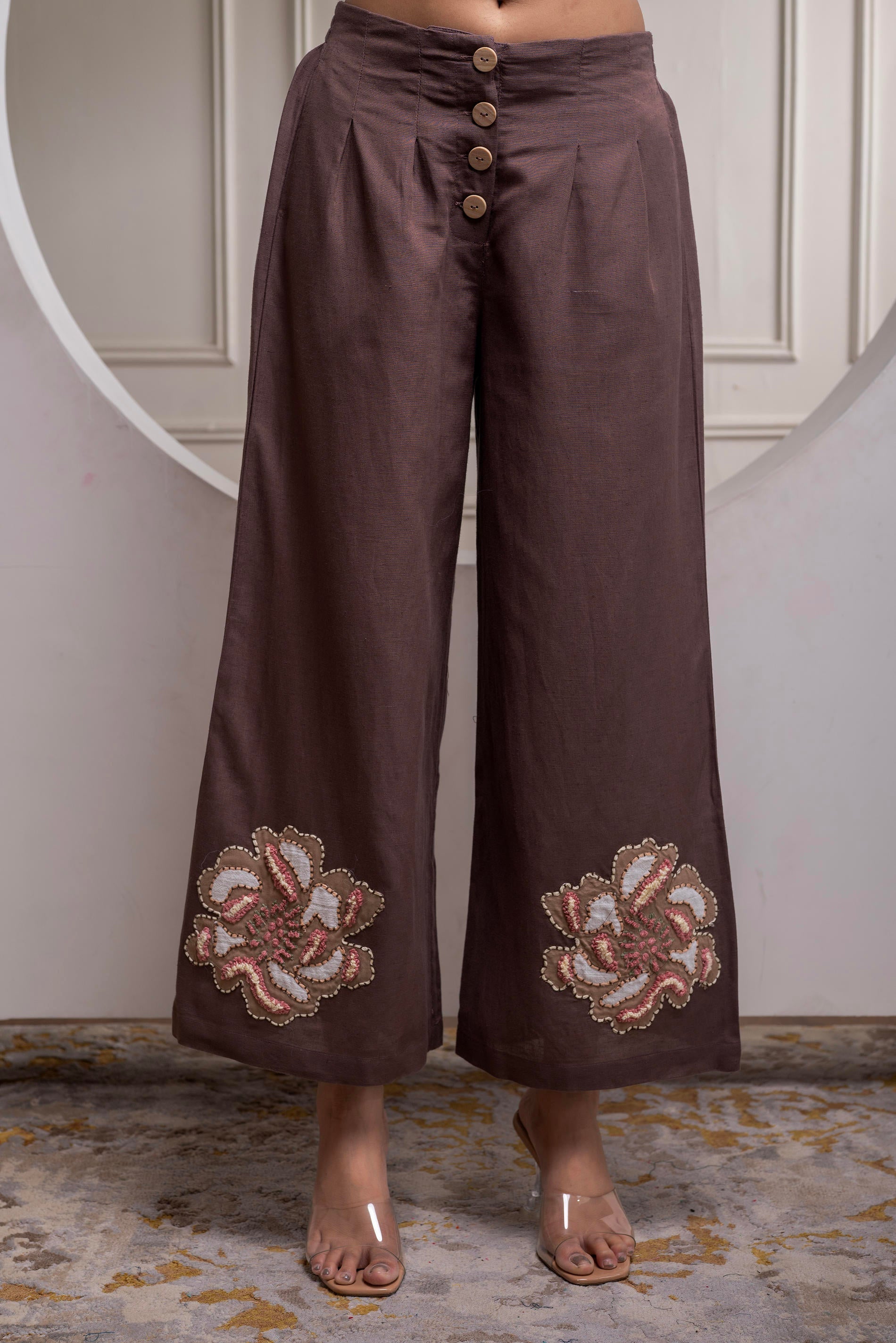 Juniper White & Brown Cotton-Viscose Embroidered Co-Ord Set With Thread Work & Lace - Distacart