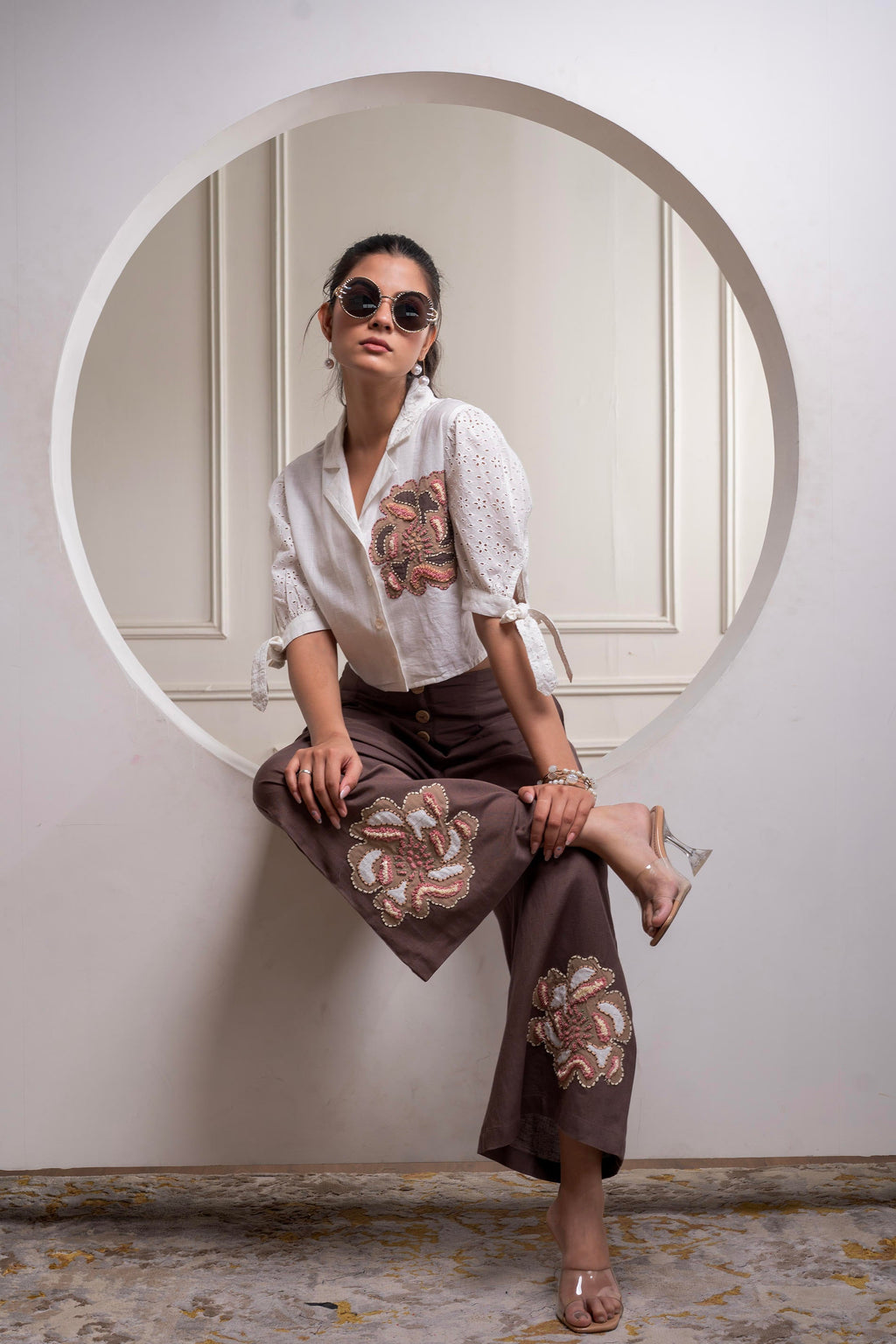 Juniper White & Brown Cotton-Viscose Embroidered Co-Ord Set With Thread Work & Lace - Distacart