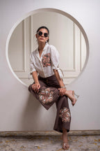 Juniper White & Brown Cotton-Viscose Embroidered Co-Ord Set With Thread Work & Lace - Distacart