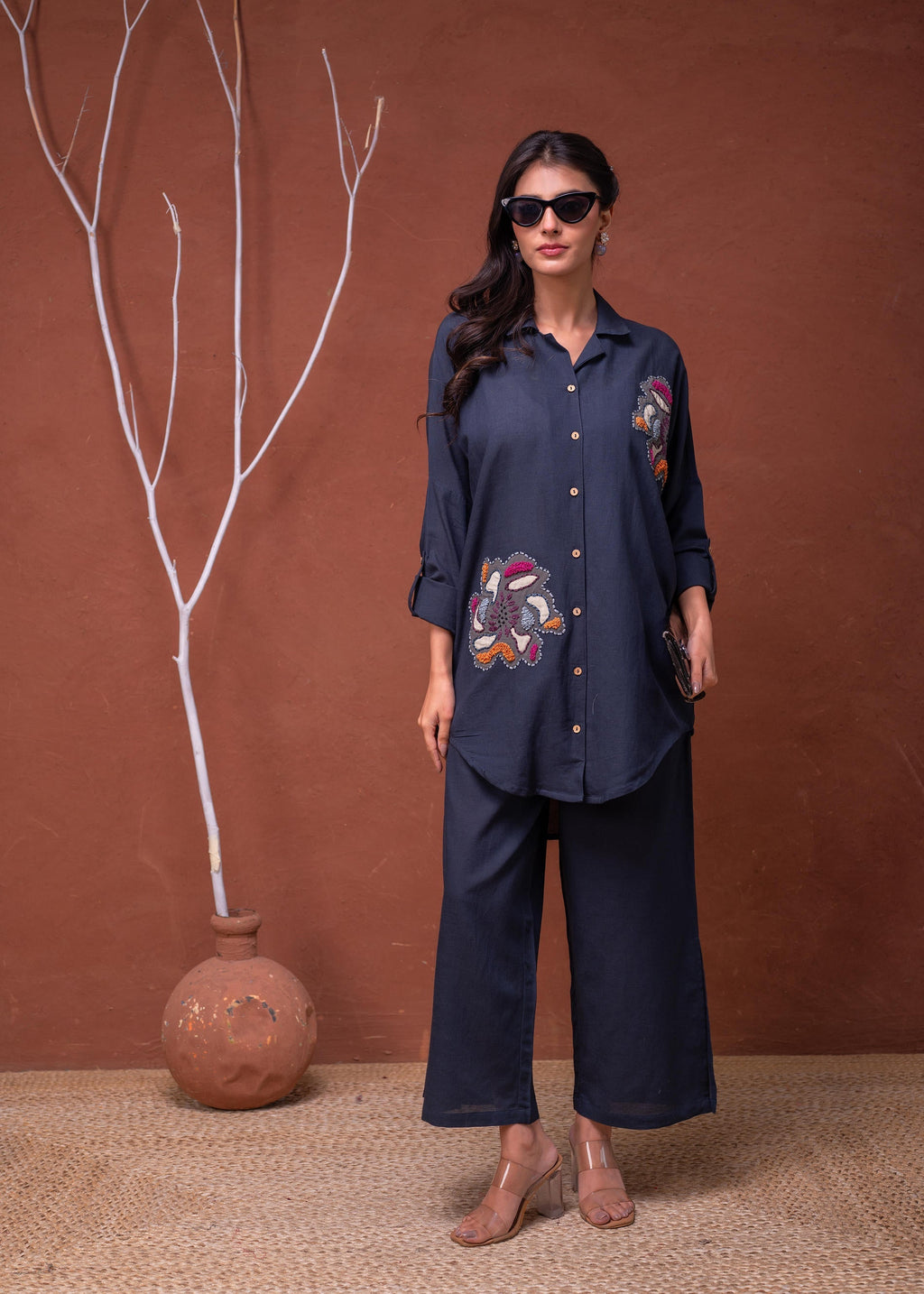 Juniper Viscose Linen Teal Embroidered Top And Pant Co-Ord Set With Thread Work - Distacart