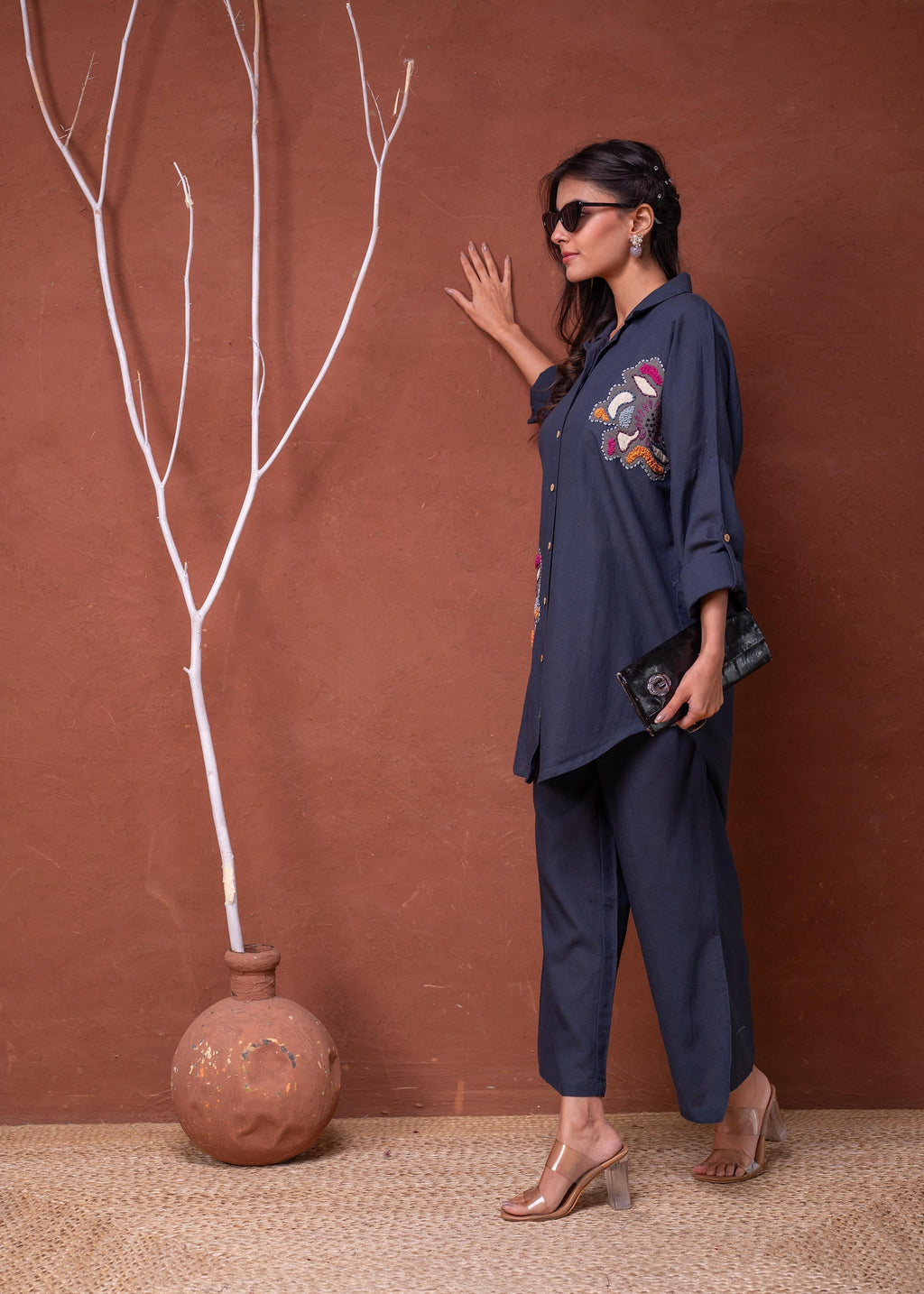 Juniper Viscose Linen Teal Embroidered Top And Pant Co-Ord Set With Thread Work - Distacart