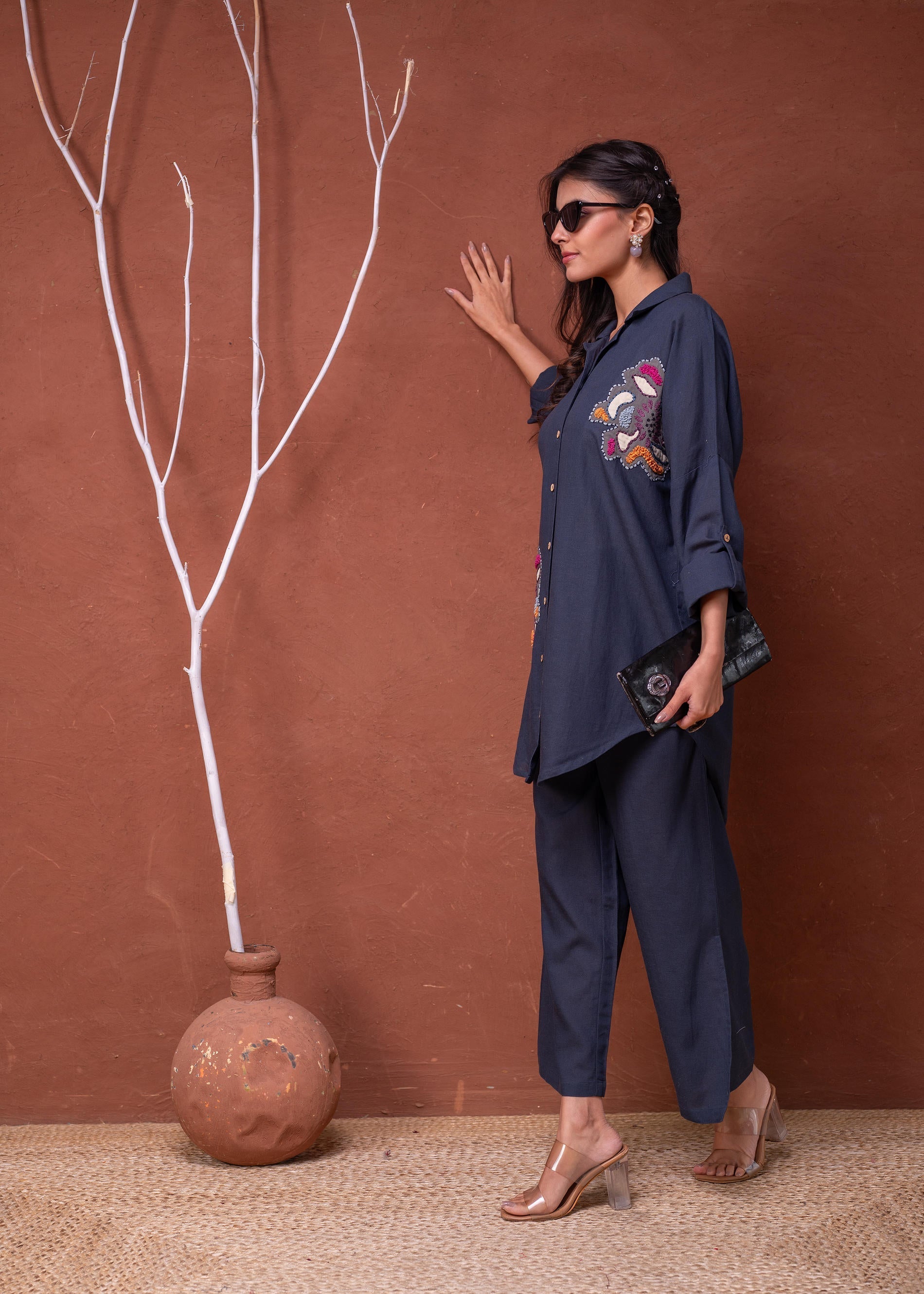Juniper Viscose Linen Teal Embroidered Top And Pant Co-Ord Set With Thread Work - Distacart