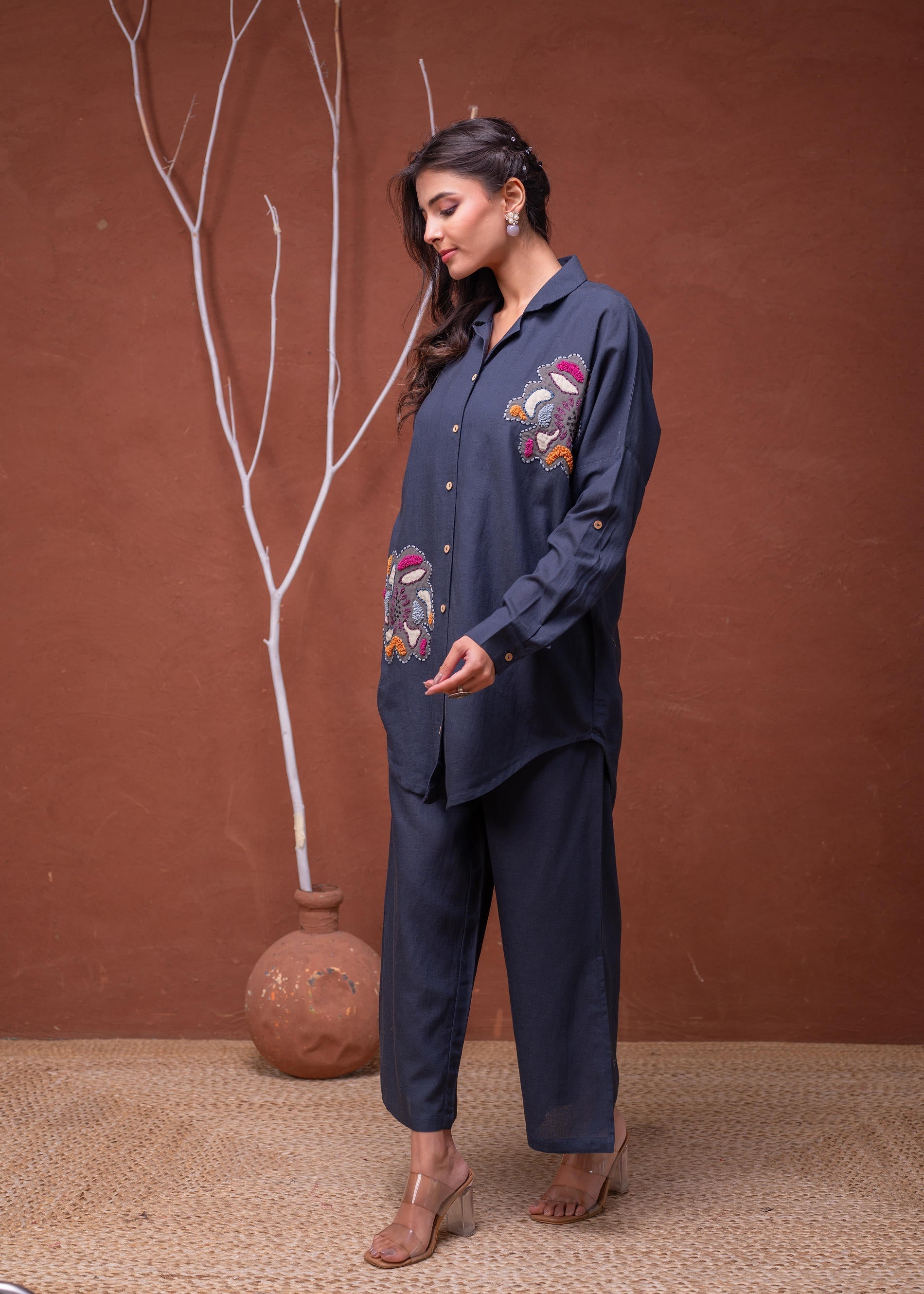 Juniper Viscose Linen Teal Embroidered Top And Pant Co-Ord Set With Thread Work - Distacart