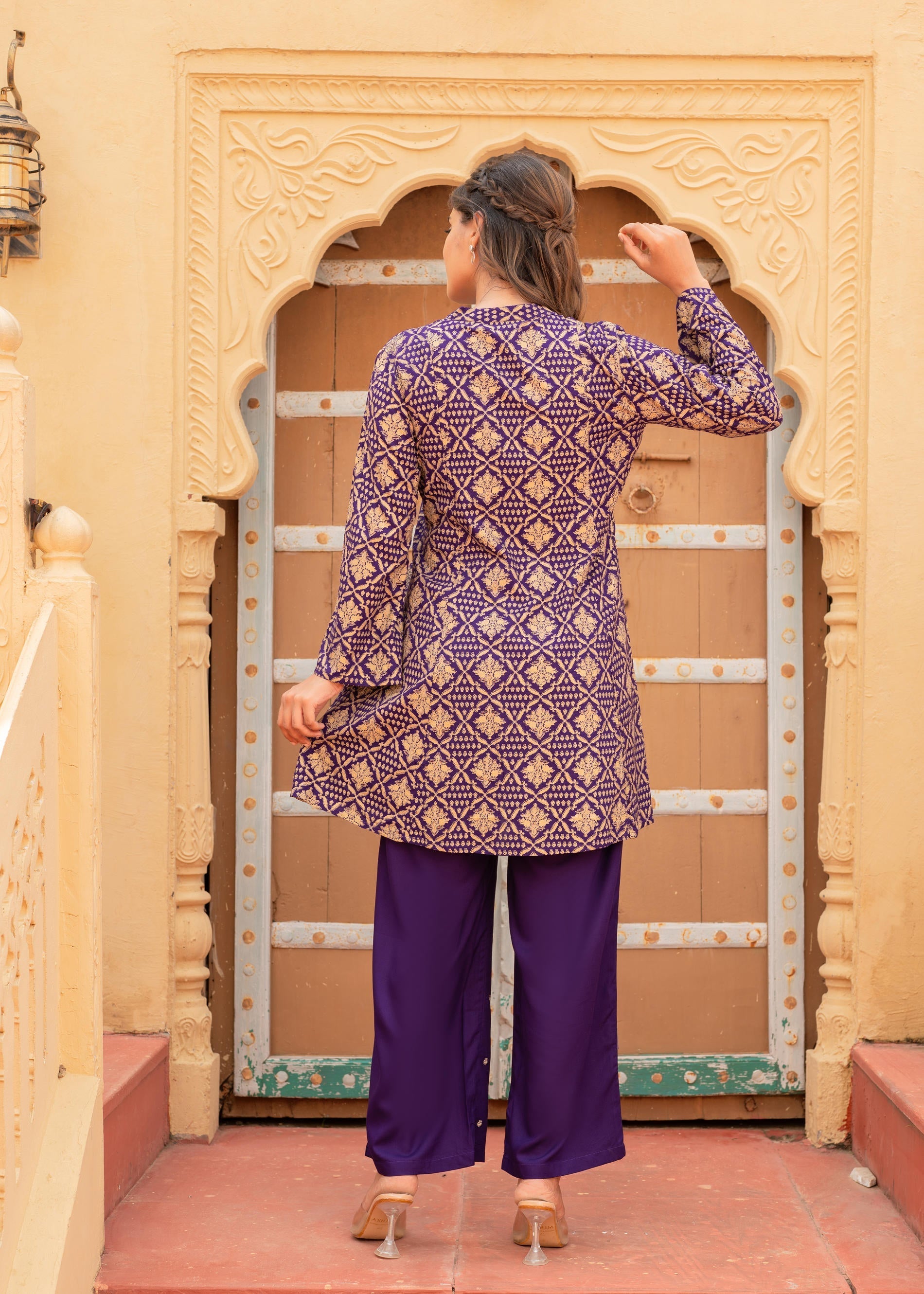 Juniper Purple Gold Geometric Printed Kurta With Pants - Distacart