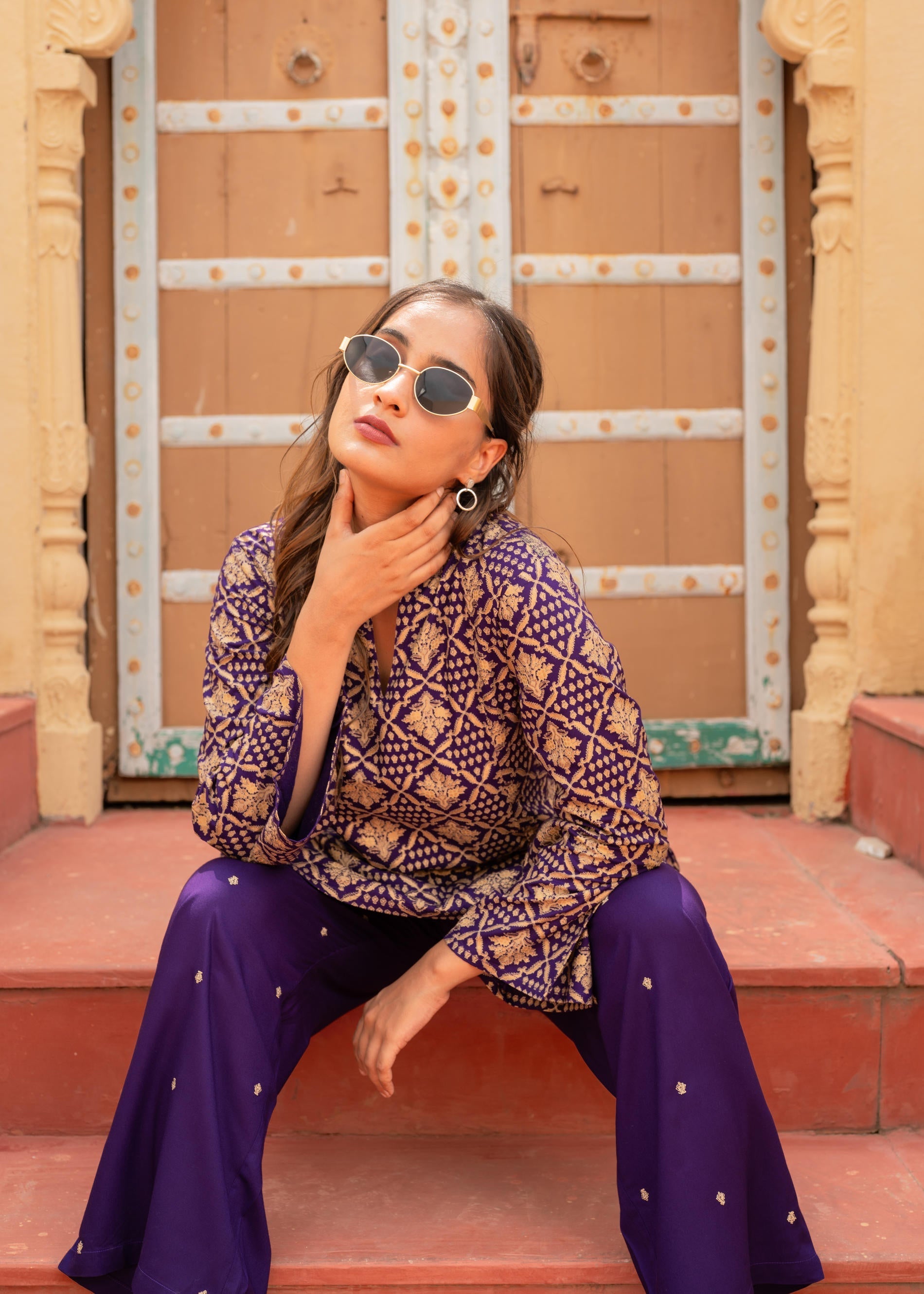 Juniper Purple Gold Geometric Printed Kurta With Pants - Distacart