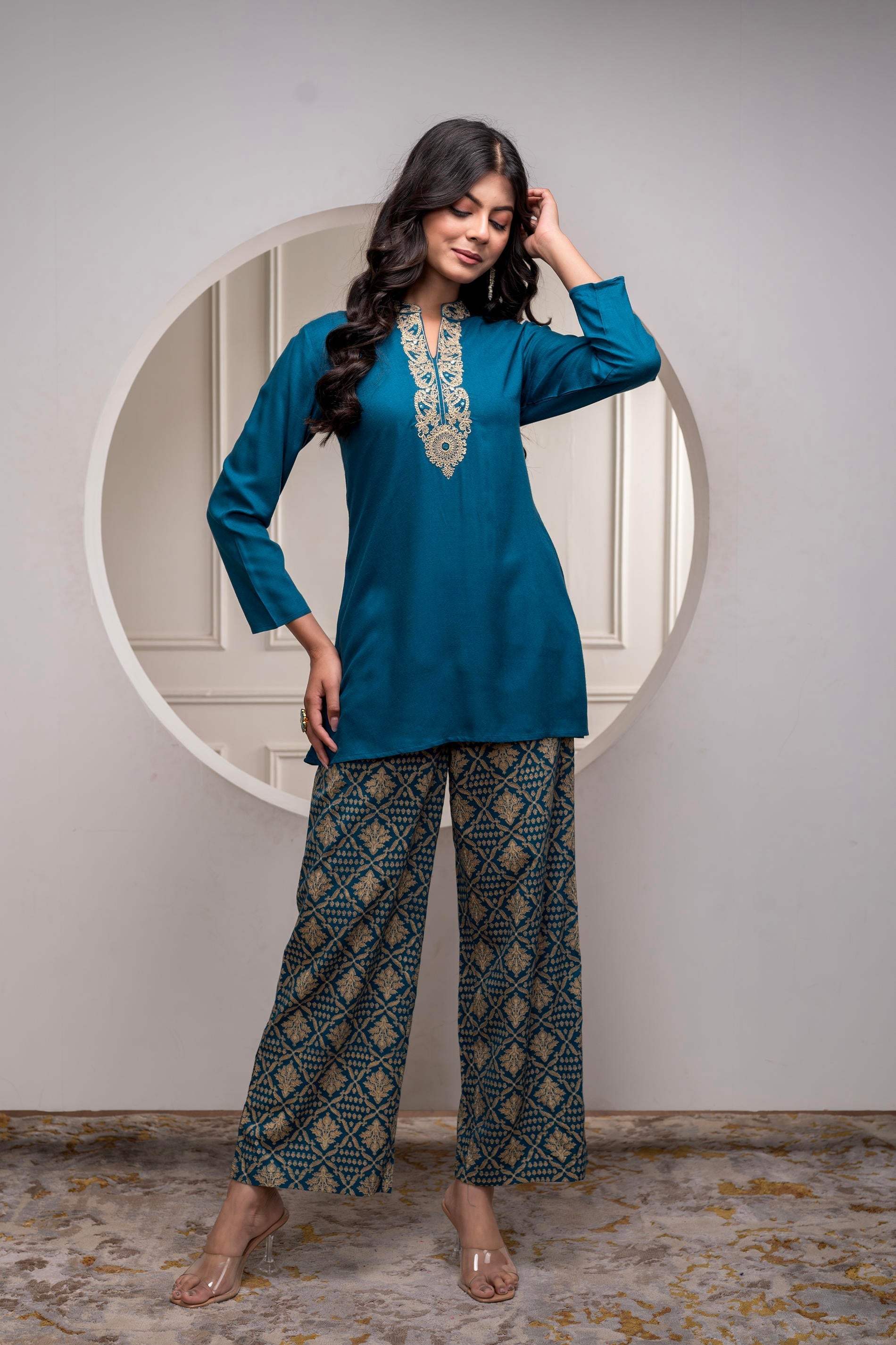 Juniper Viscose Teal Embroidered Kurta Pant Set With Zari & Mirror Work - Distacart