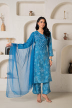 Juniper Blue Floral Embellished A-Line Kurta Pant And Dupatta Set With Beads & Sequence Work - Distacart