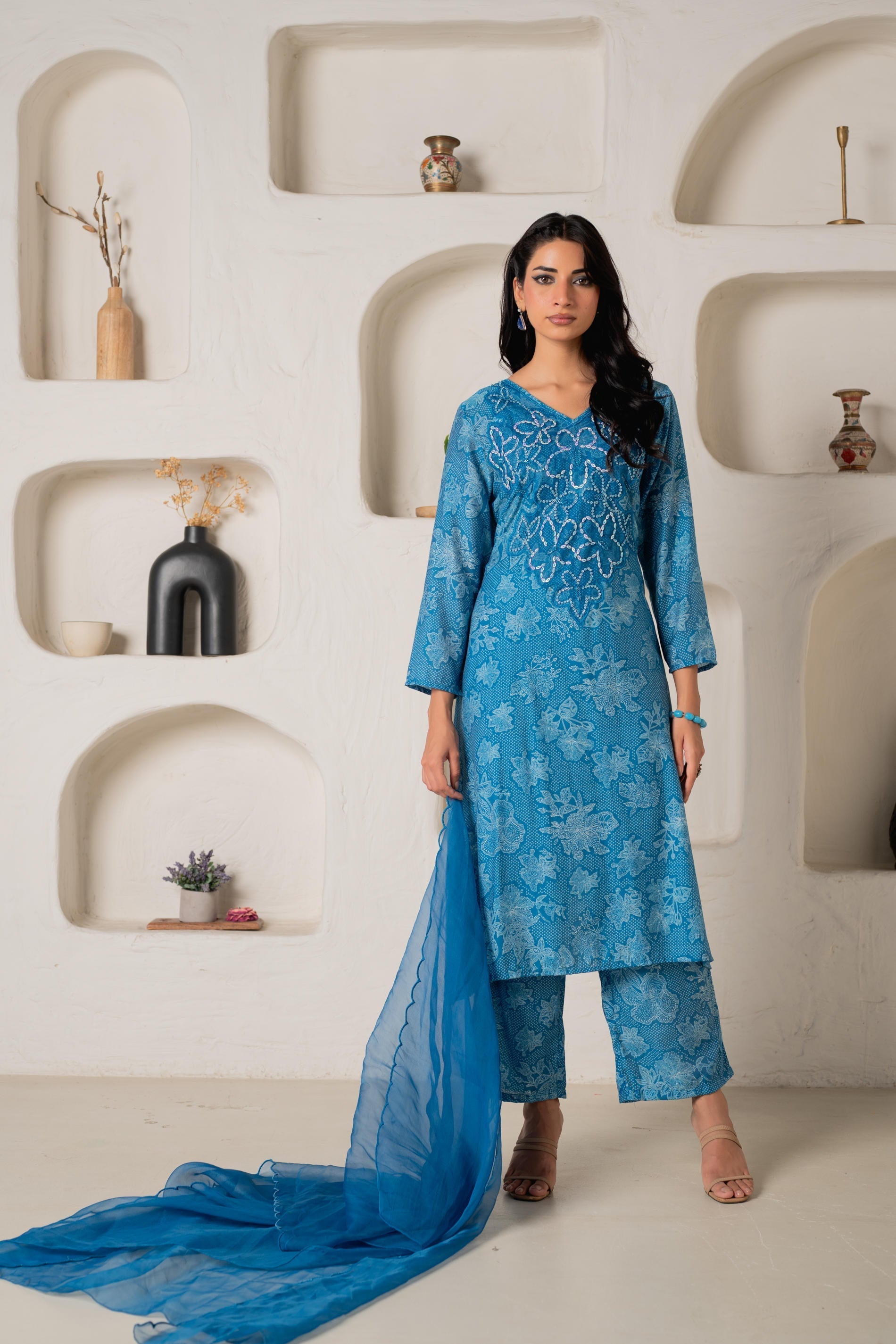 Juniper Blue Floral Embellished A-Line Kurta Pant And Dupatta Set With Beads & Sequence Work - Distacart