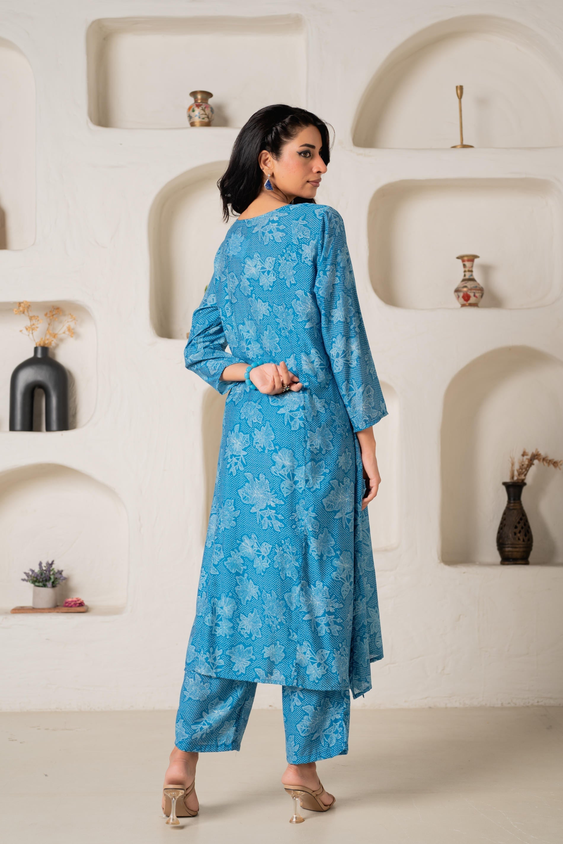 Juniper Blue Floral Embellished A-Line Kurta Pant And Dupatta Set With Beads & Sequence Work - Distacart