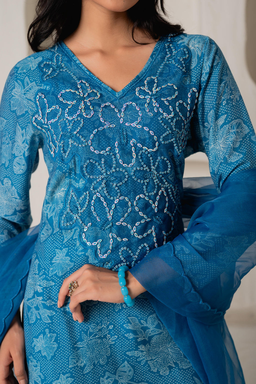 Juniper Blue Floral Embellished A-Line Kurta Pant And Dupatta Set With Beads & Sequence Work - Distacart