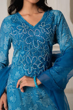 Juniper Blue Floral Embellished A-Line Kurta Pant And Dupatta Set With Beads & Sequence Work - Distacart