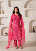 Juniper Fuchsia Floral Embellished A-Line Kurta Pant And Dupatta Set With Beads & Sequence Work - Distacart