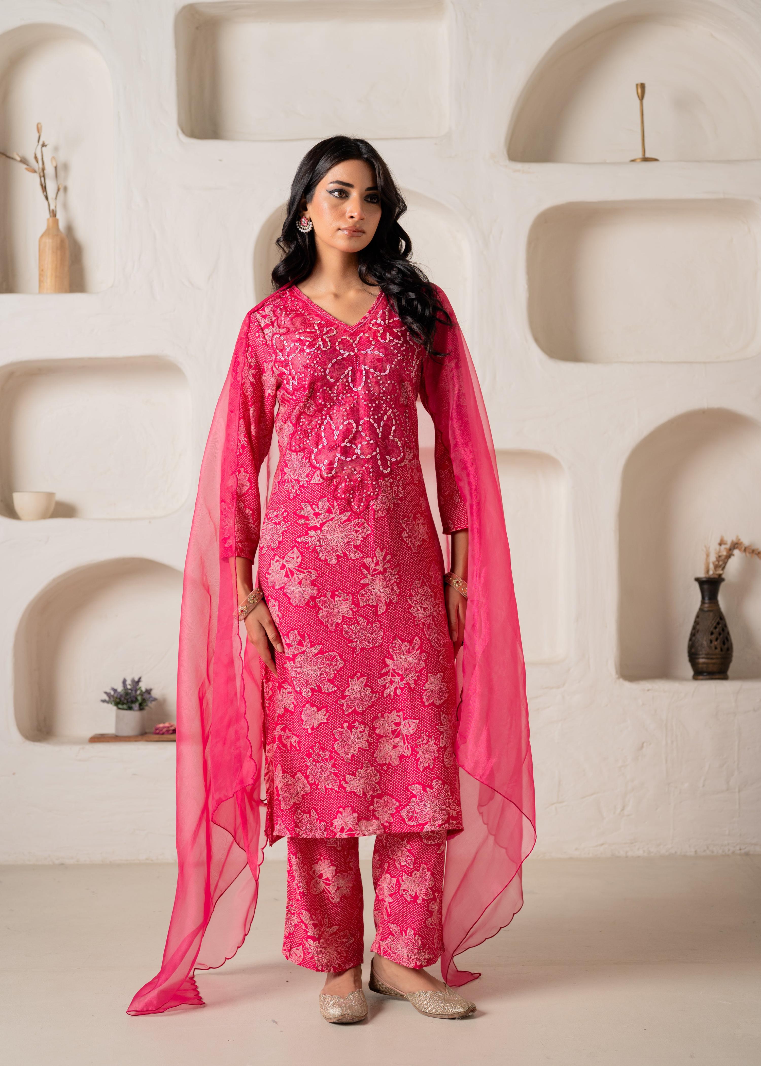 Juniper Fuchsia Floral Embellished A-Line Kurta Pant And Dupatta Set With Beads & Sequence Work - Distacart