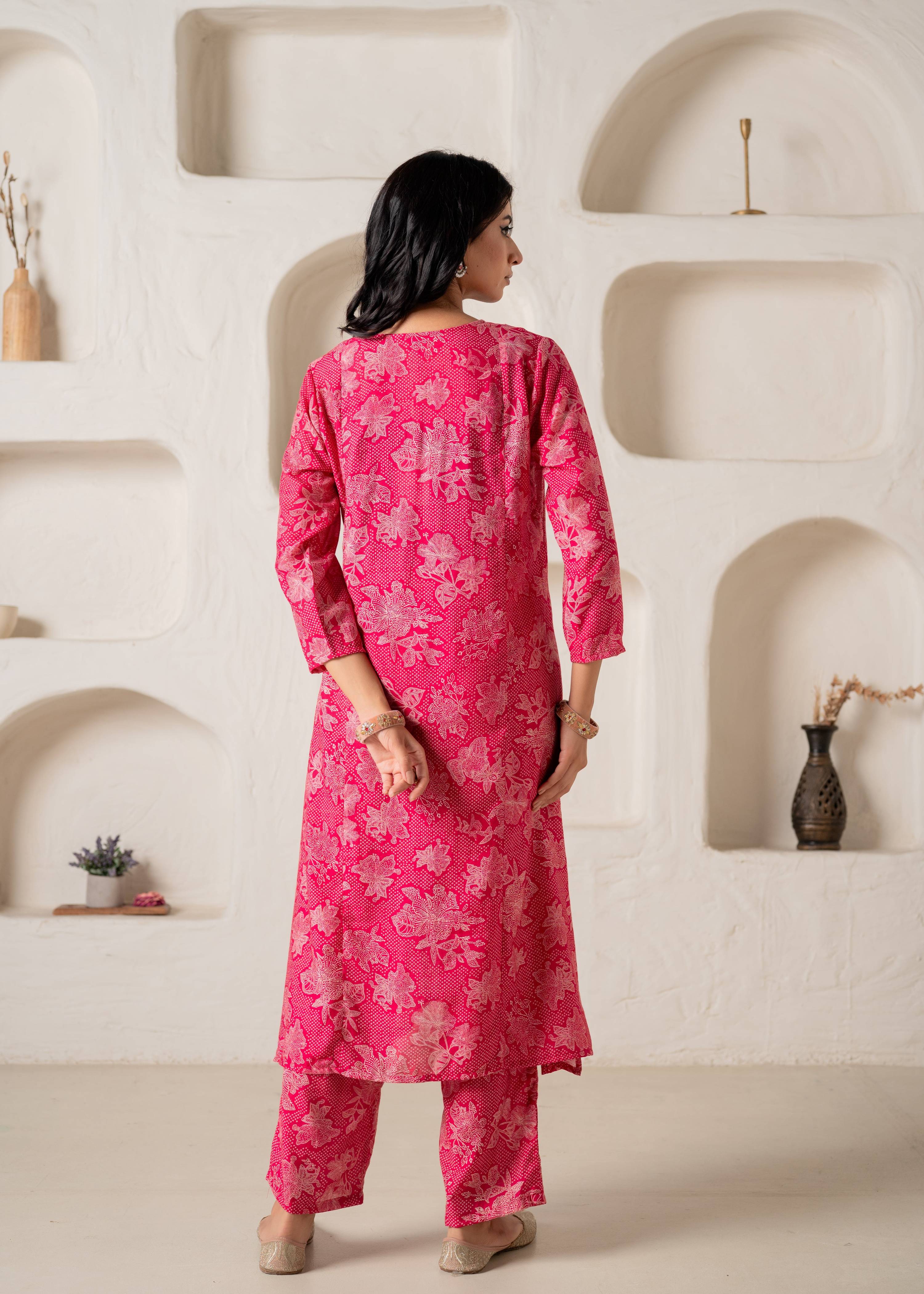 Juniper Fuchsia Floral Embellished A-Line Kurta Pant And Dupatta Set With Beads & Sequence Work - Distacart