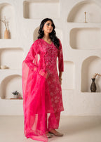 Juniper Fuchsia Floral Embellished A-Line Kurta Pant And Dupatta Set With Beads & Sequence Work - Distacart