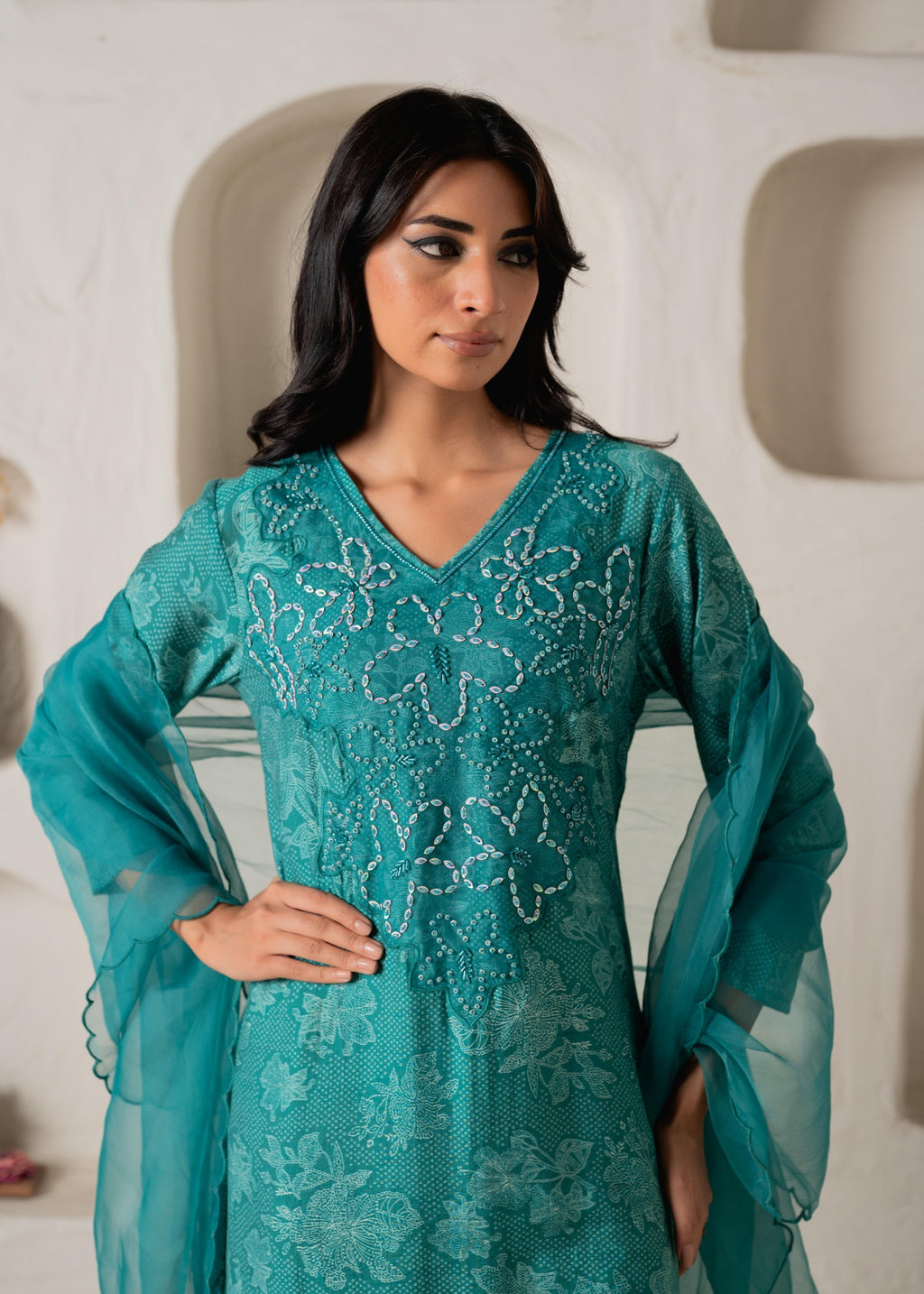 Juniper Green Floral Embellished A-Line Kurta Pant And Dupatta Set With Beads & Sequence Work - Distacart