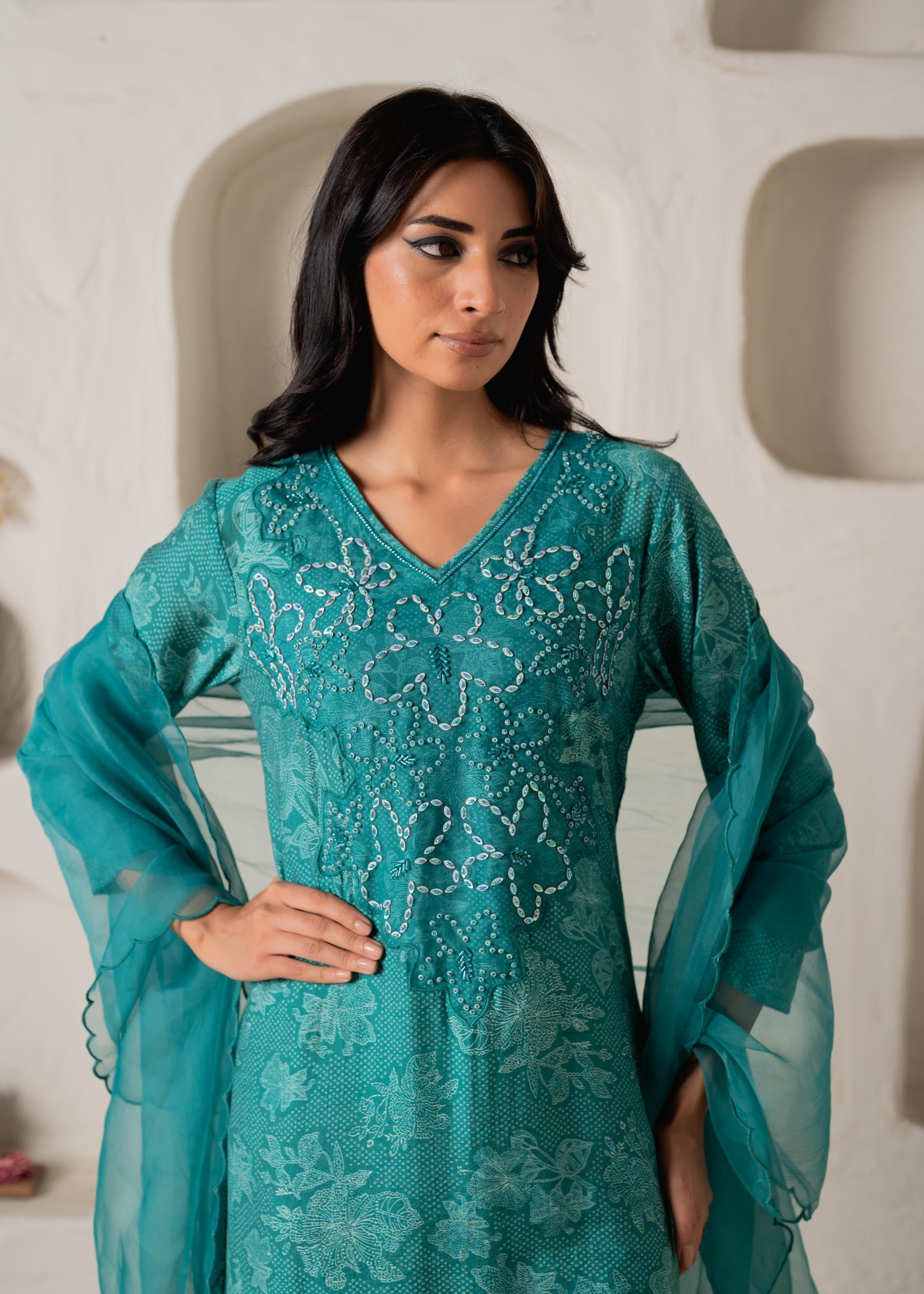 Juniper Green Floral Embellished A-Line Kurta Pant And Dupatta Set With Beads & Sequence Work - Distacart
