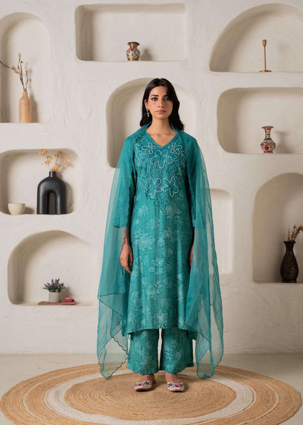 Juniper Green Floral Embellished A-Line Kurta Pant And Dupatta Set With Beads & Sequence Work - Distacart