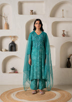 Juniper Green Floral Embellished A-Line Kurta Pant And Dupatta Set With Beads & Sequence Work - Distacart