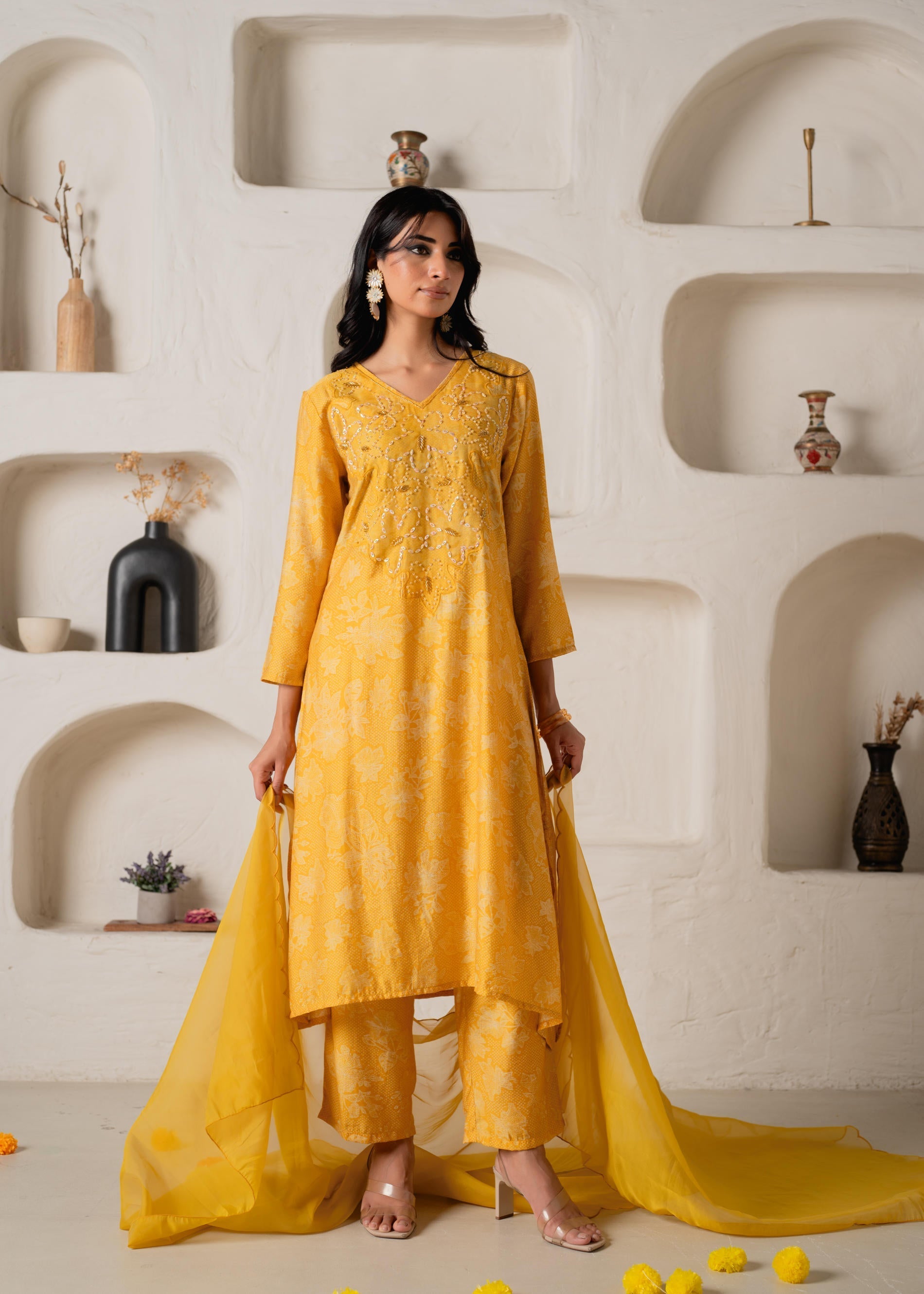 Juniper Mustard Floral Embellished A-Line Kurta Pant And Dupatta Set With Beads & Sequence Work - Distacart