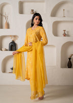 Juniper Mustard Floral Embellished A-Line Kurta Pant And Dupatta Set With Beads & Sequence Work - Distacart